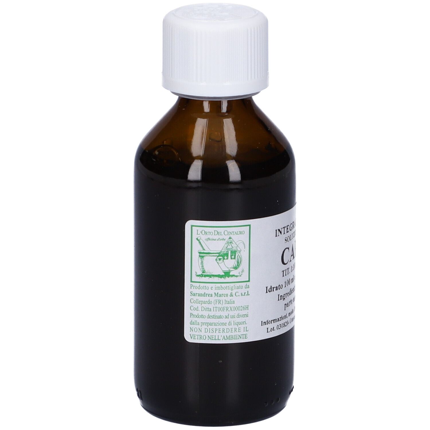 Flacone di vetro marrone con tappo bianco. Etichetta con testo. Nome del prodotto: Cardiaca. Logo del produttore visibile.