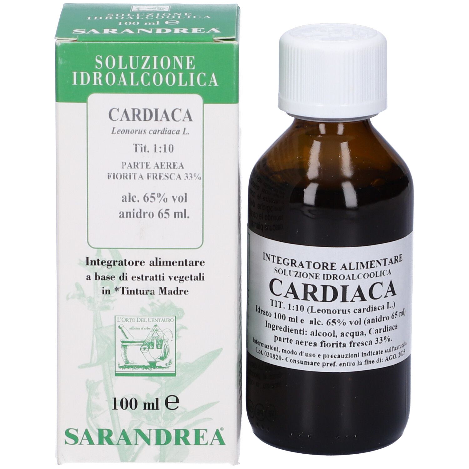 Flacone di vetro marrone con tappo bianco e scatola. Nome prodotto: Cardiaca. Logo e testo del produttore visibili.