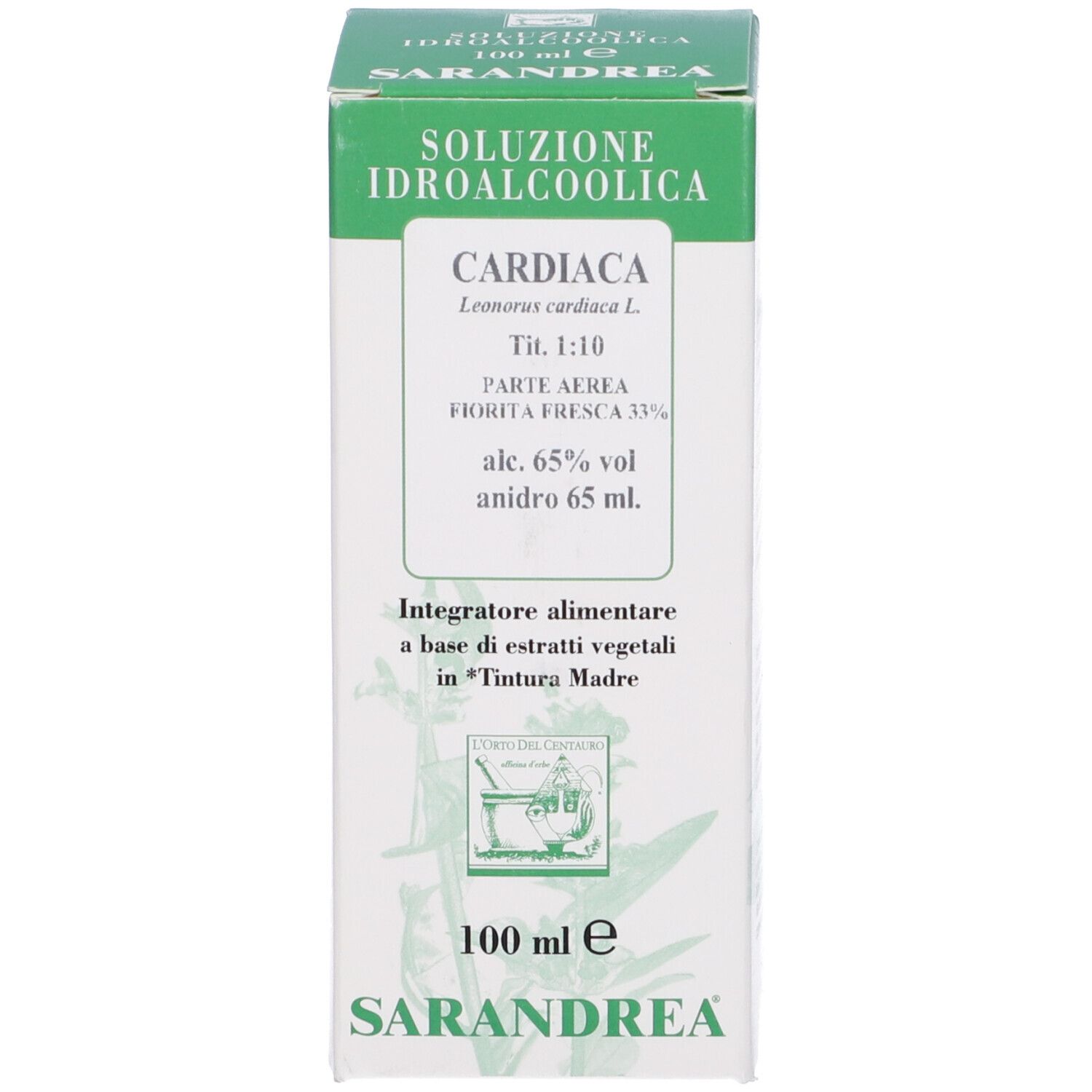 Scatola verde con testo. Nome prodotto: Cardiaca. Logo del produttore visibile. 100 ml.