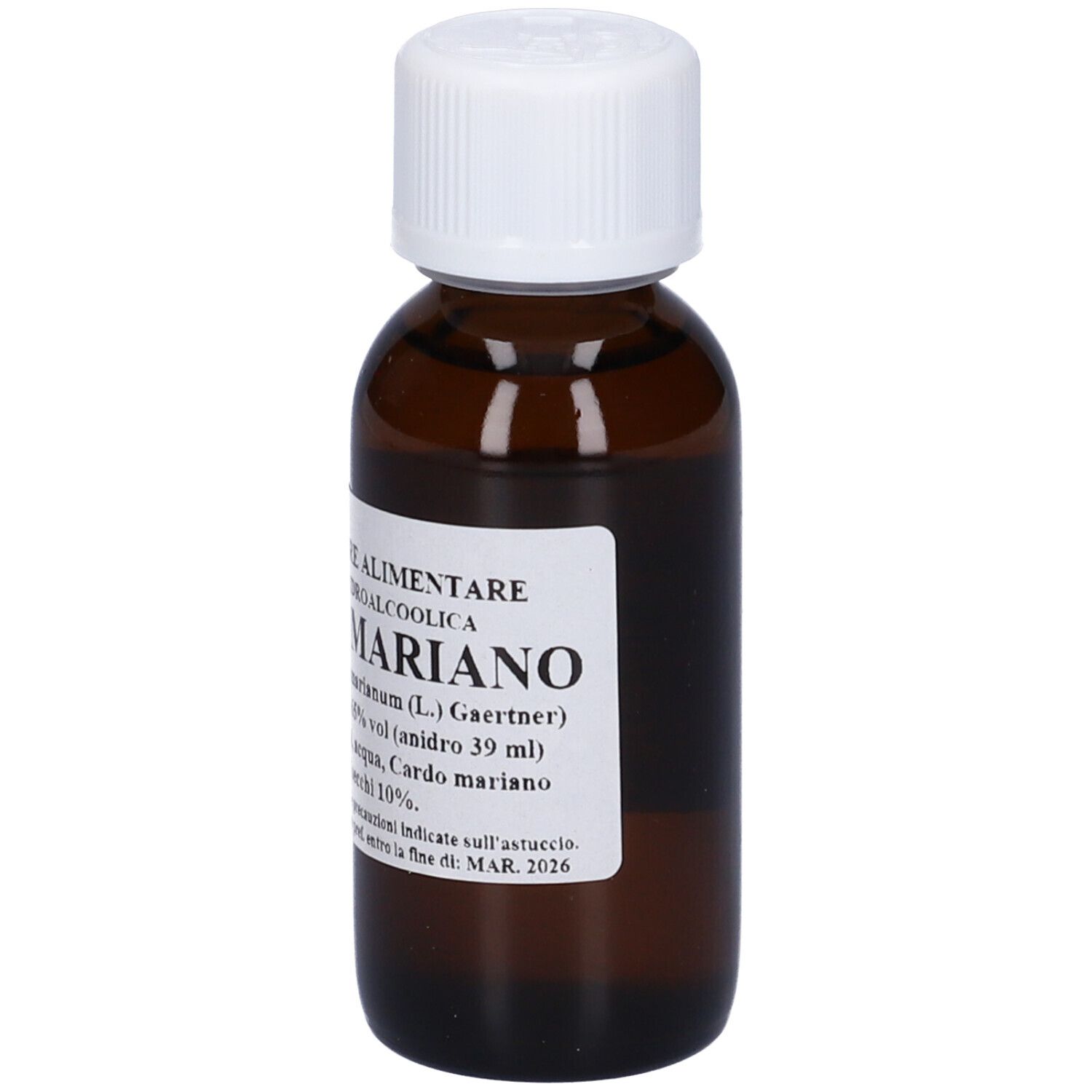 Flacone di vetro marrone con tappo bianco. Testo e logo sull'etichetta. Nome del prodotto: Cardo Mariano.