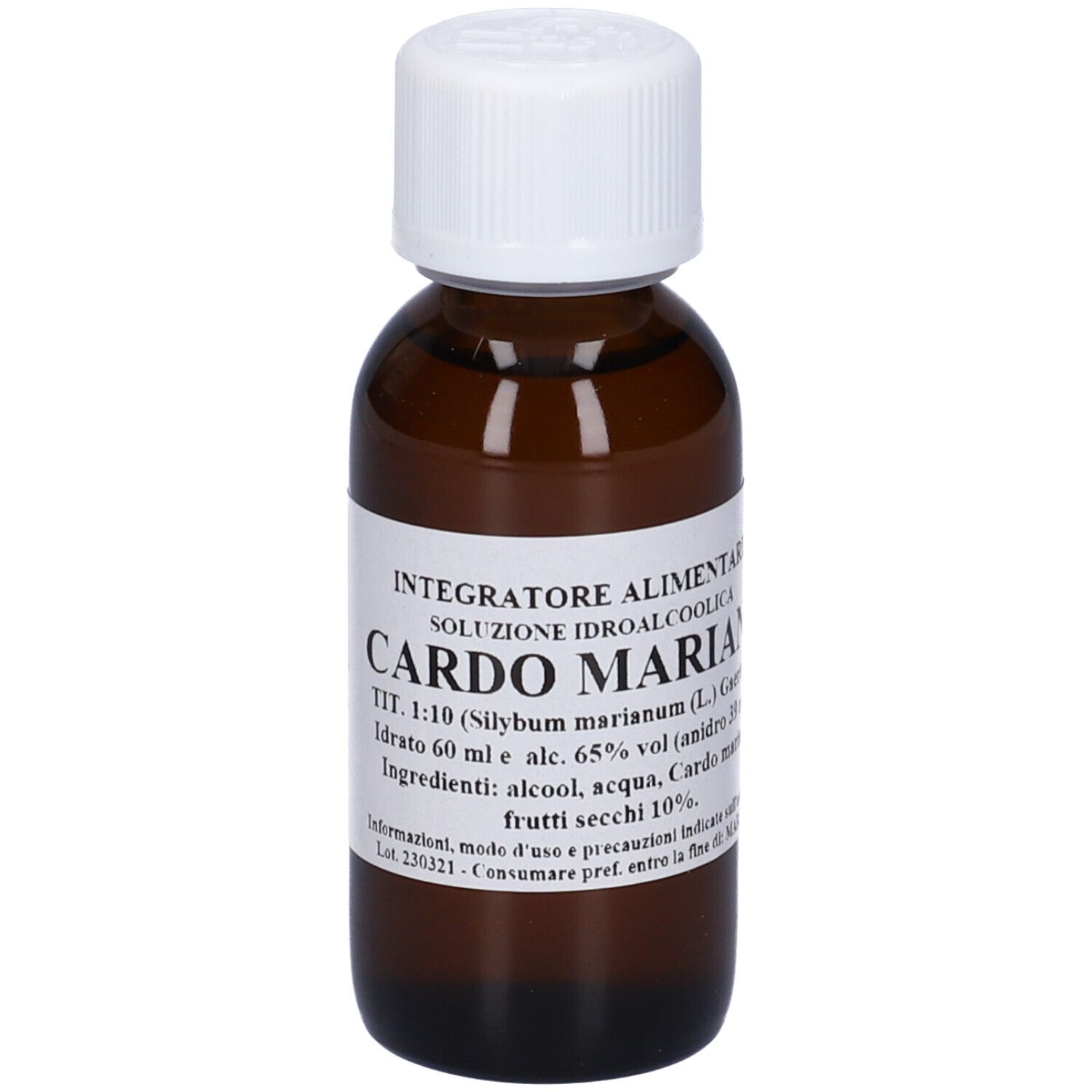 Flacone di vetro marrone con tappo bianco. Testo e logo sull'etichetta. Nome del prodotto: Cardo Mariano.