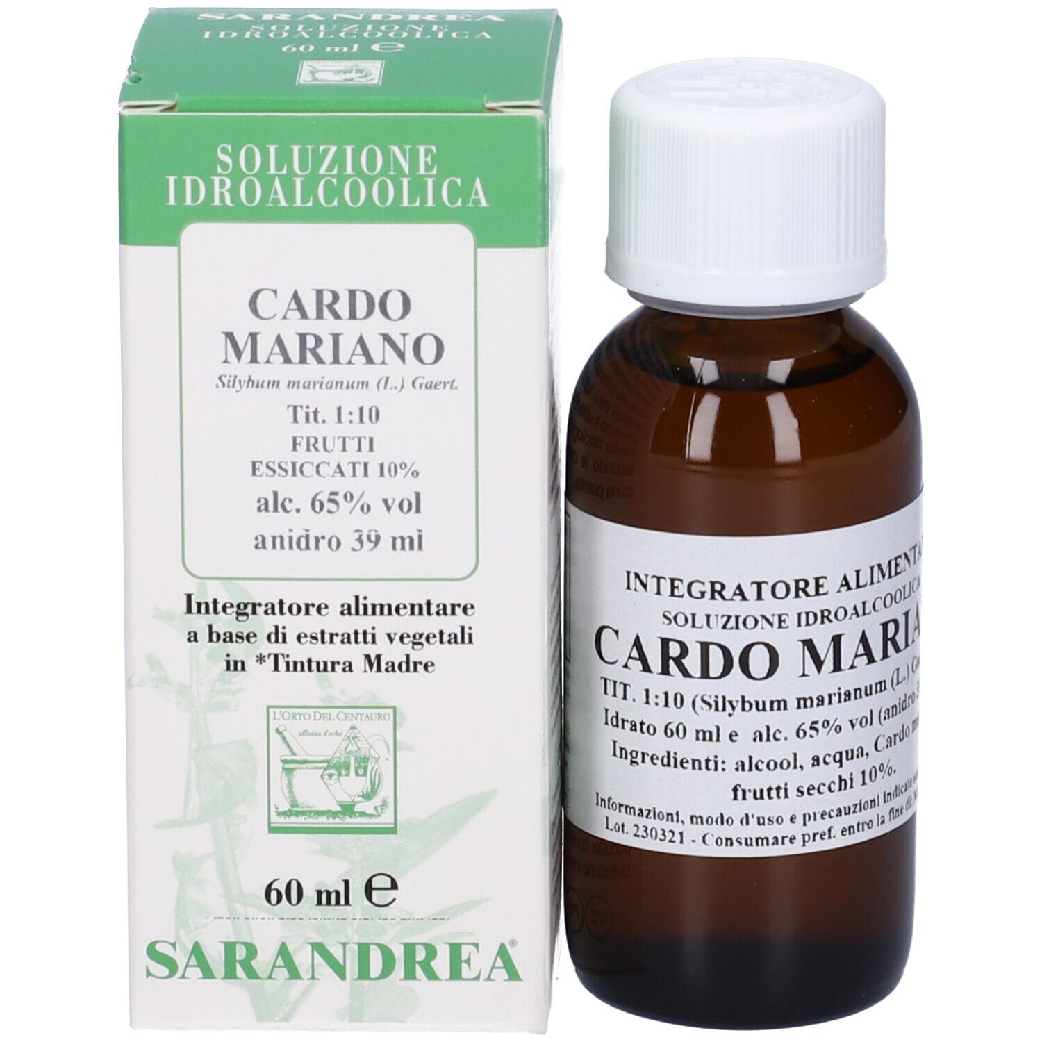 Flacone di vetro marrone con tappo bianco e scatola. Etichetta con testo sul flacone. Testo e logo sulla scatola.
