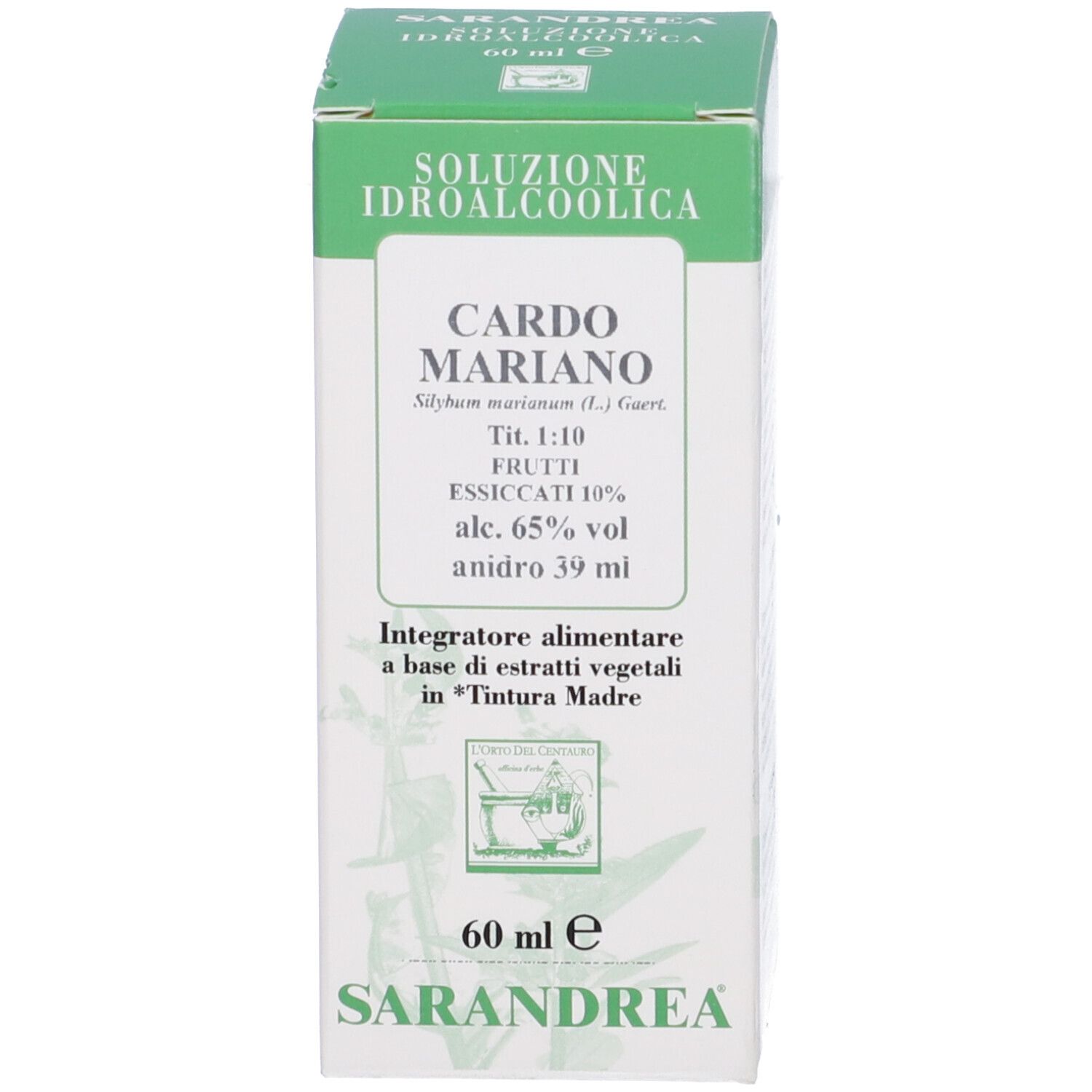 Scatola con testo e logo. Nome del prodotto: Cardo Mariano. Scritta: 60 ml.