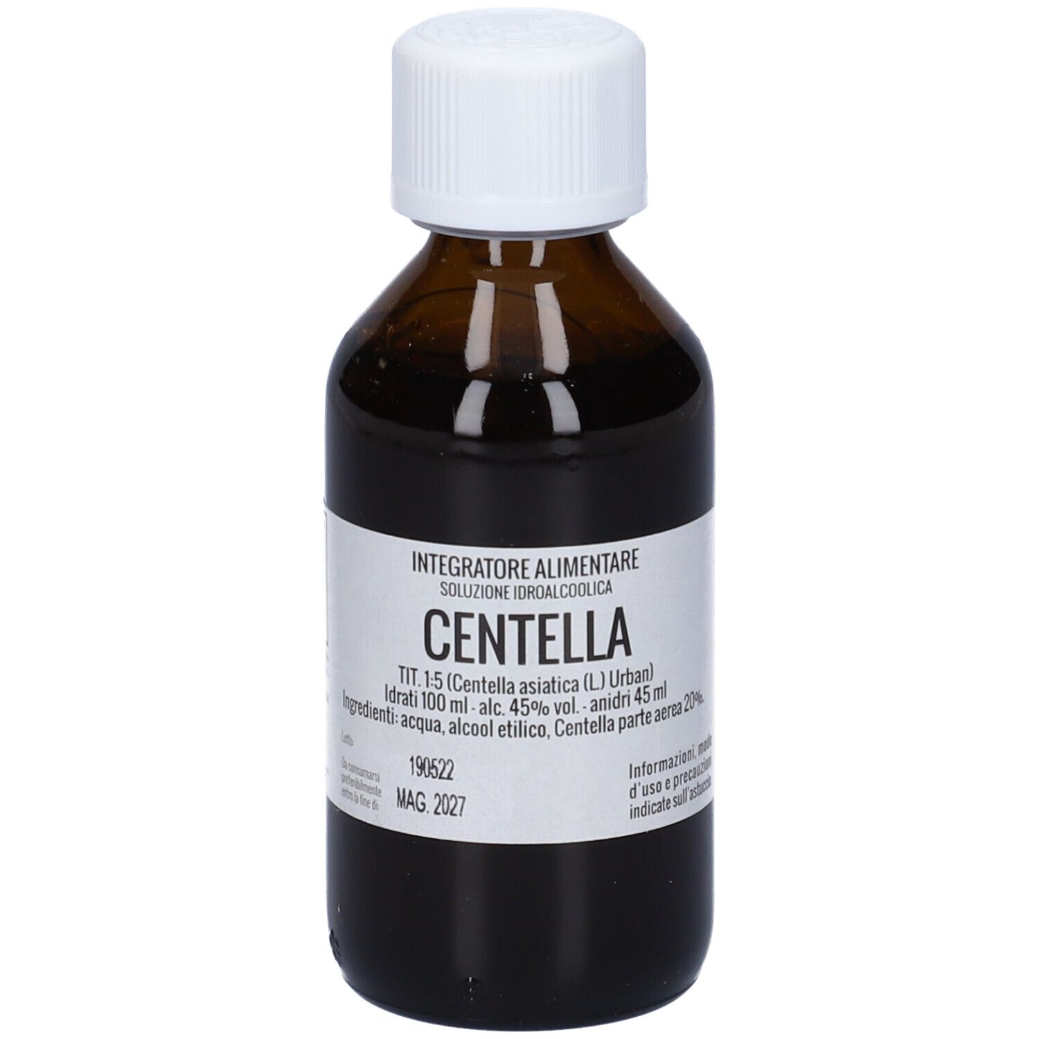 Flacone di vetro marrone con tappo bianco. Scritta: Integratore Alimentare, Centella. Etichetta con informazioni.