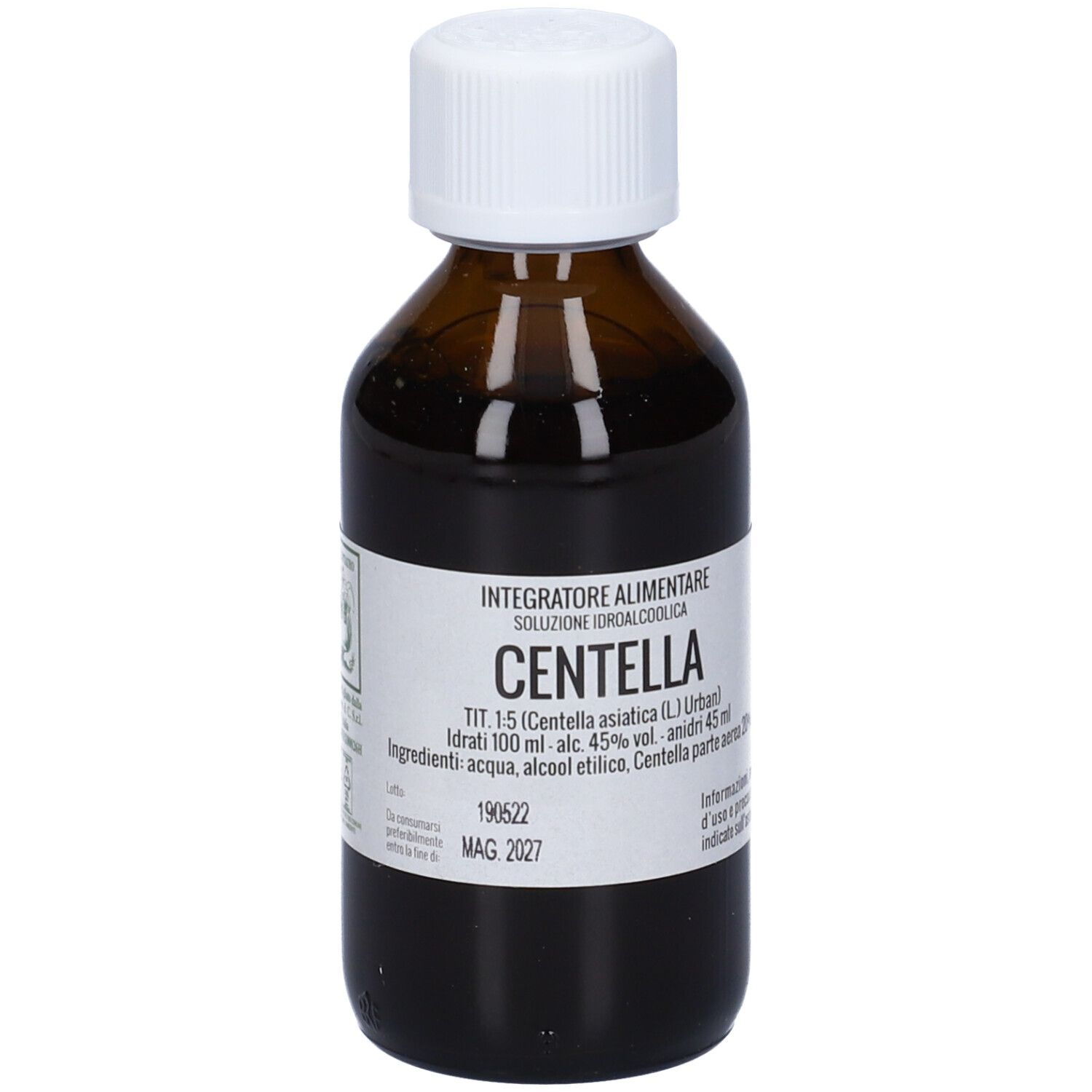 Flacone di vetro marrone con tappo bianco. Scritta: Centella. Etichetta con informazioni.