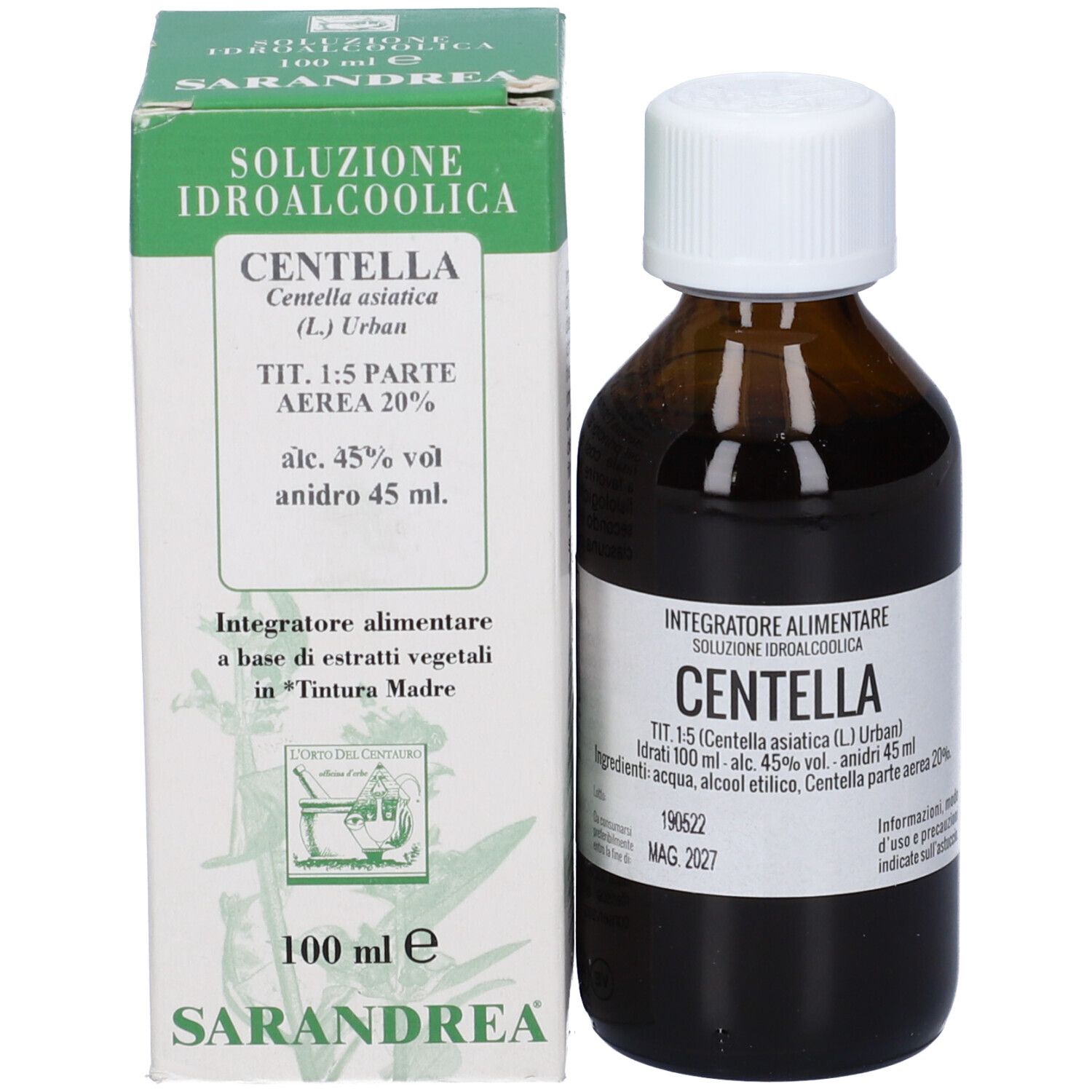 Flacone di vetro marrone con tappo bianco e scatola. Scritta: Centella. Marchio Sarandrea. 100 ml.