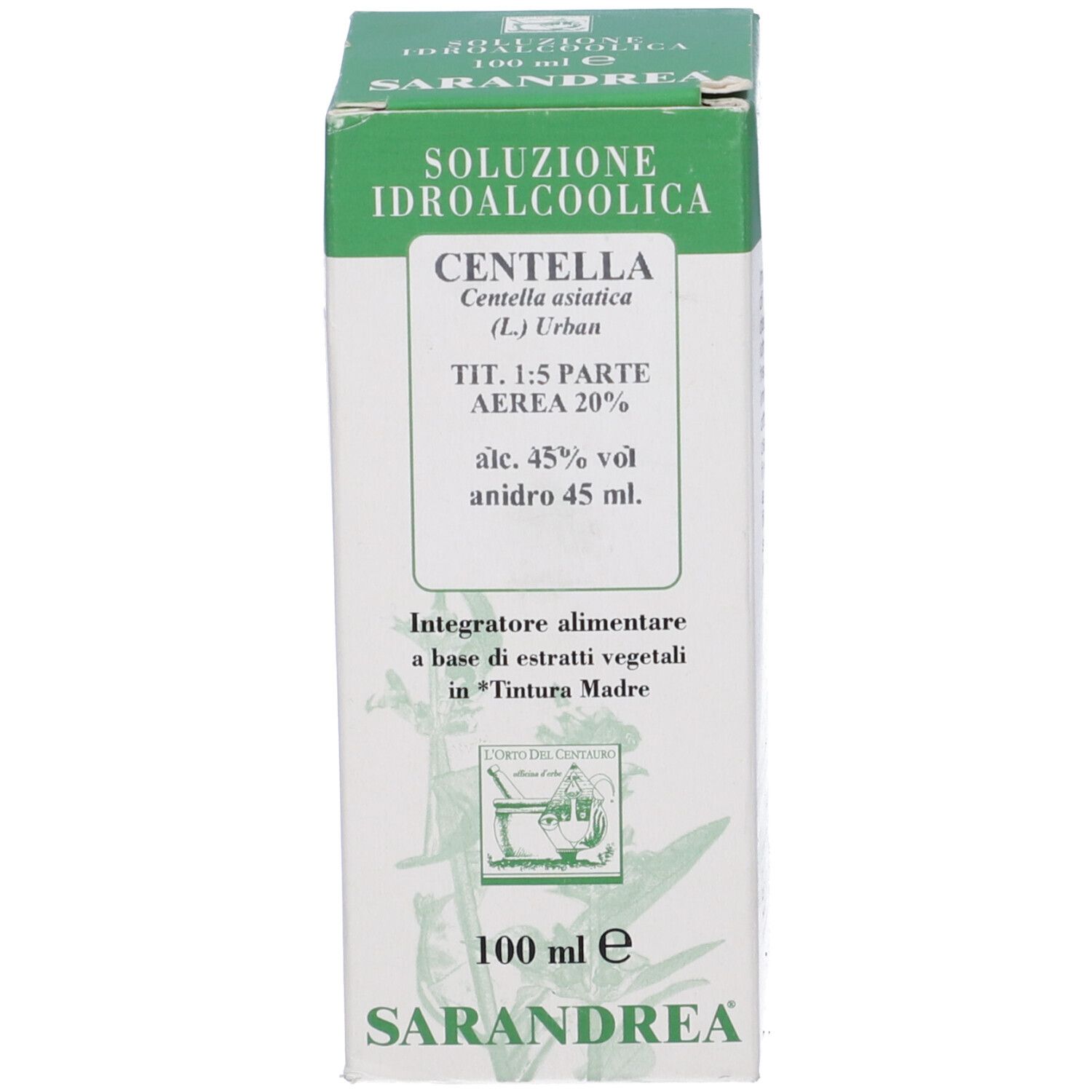 Scatola con scritta: Soluzione Idroalcolica, Centella. Marchio Sarandrea. 100 ml.