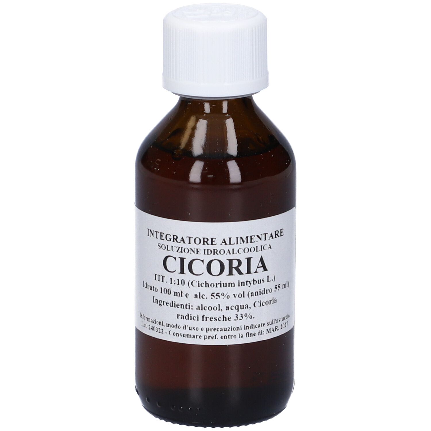 Flacone di vetro marrone con tappo bianco. Scritte sull'etichetta. Nome del prodotto: Cicoria.