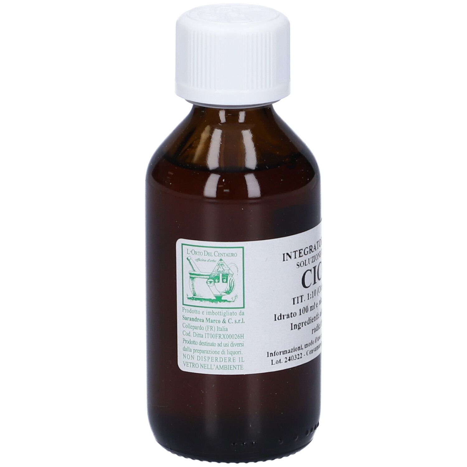 Flacone di vetro marrone con tappo bianco. Scritte sull'etichetta. Nome del prodotto: Cicoria.