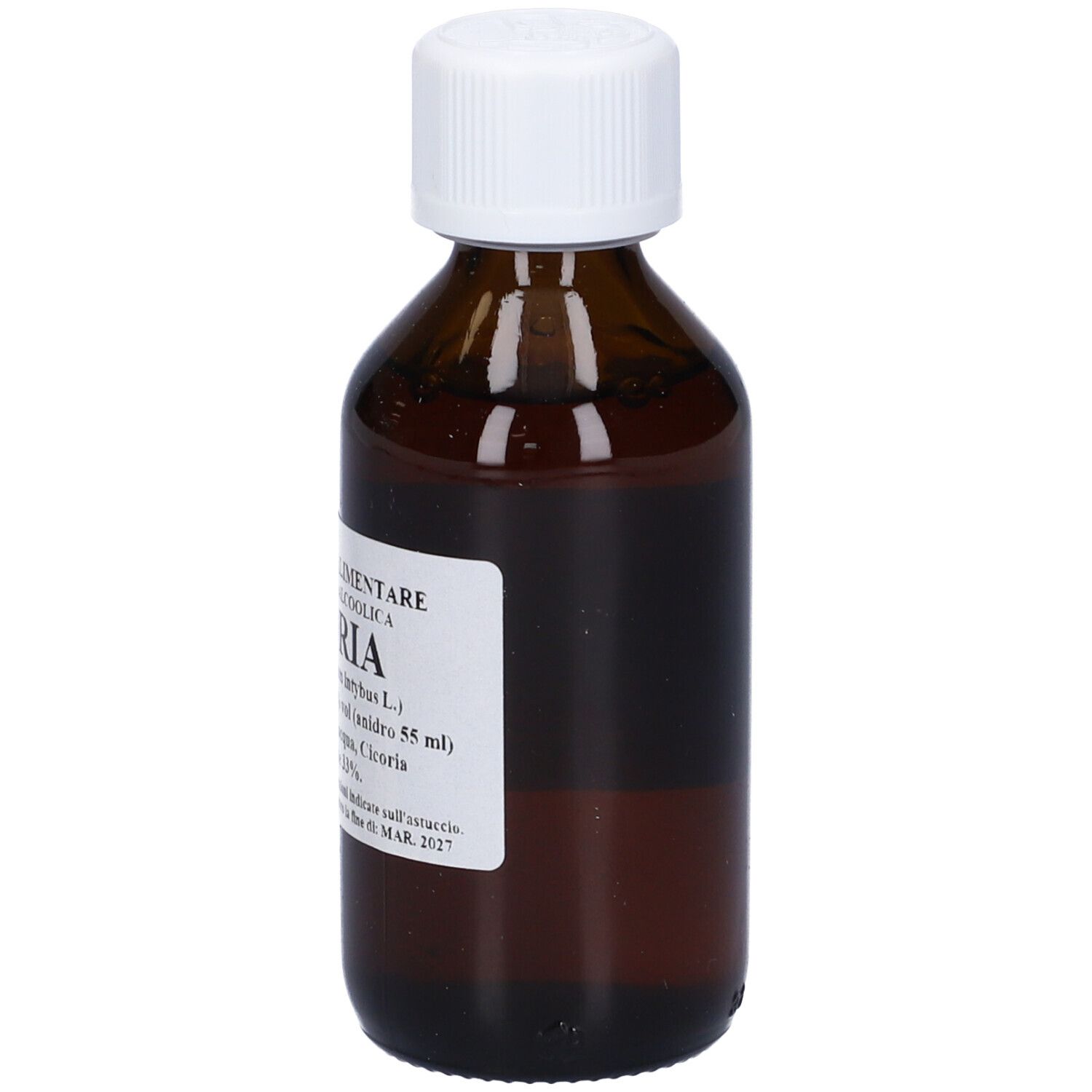 Flacone di vetro marrone con tappo bianco. Scritte sull'etichetta. Nome del prodotto: Cicoria.