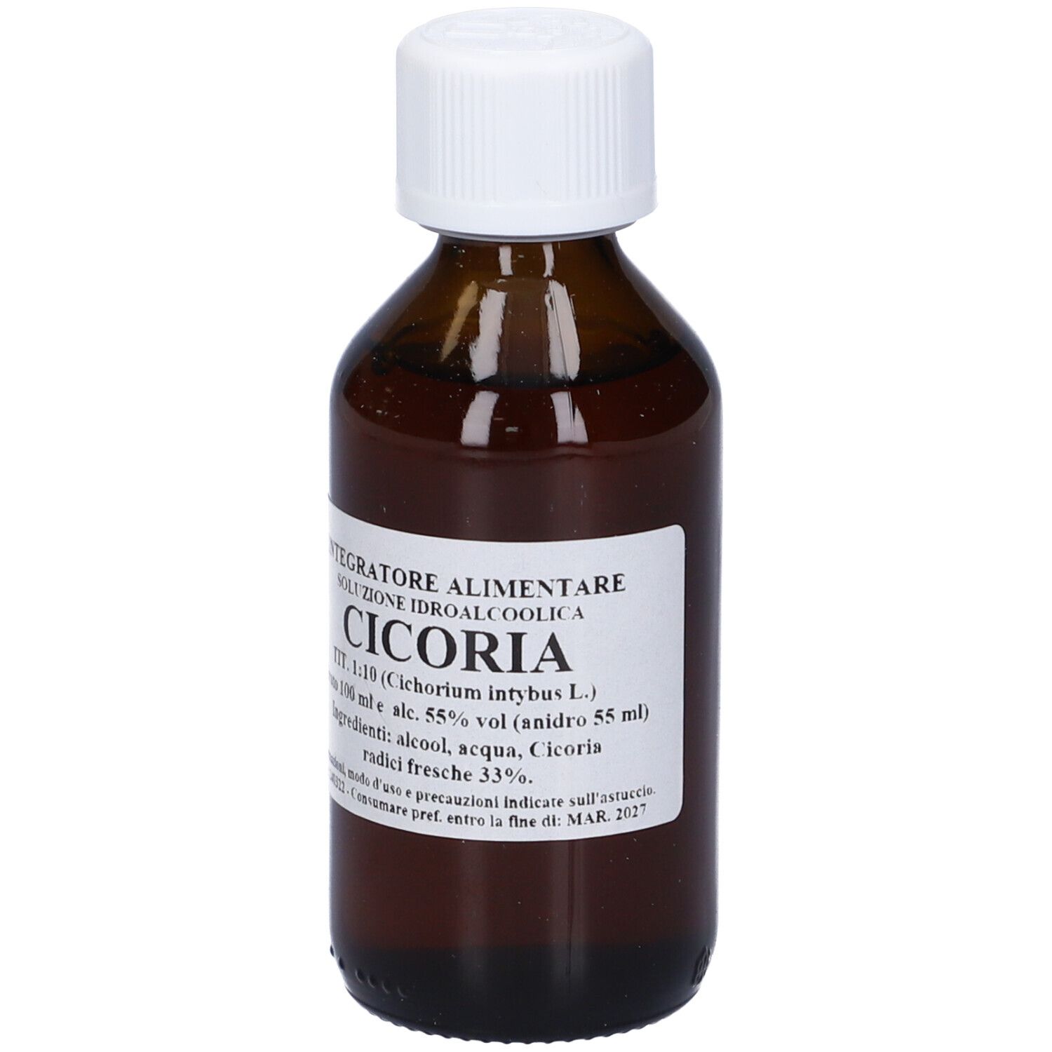 Flacone di vetro marrone con tappo bianco. Scritte sull'etichetta. Nome del prodotto: Cicoria.