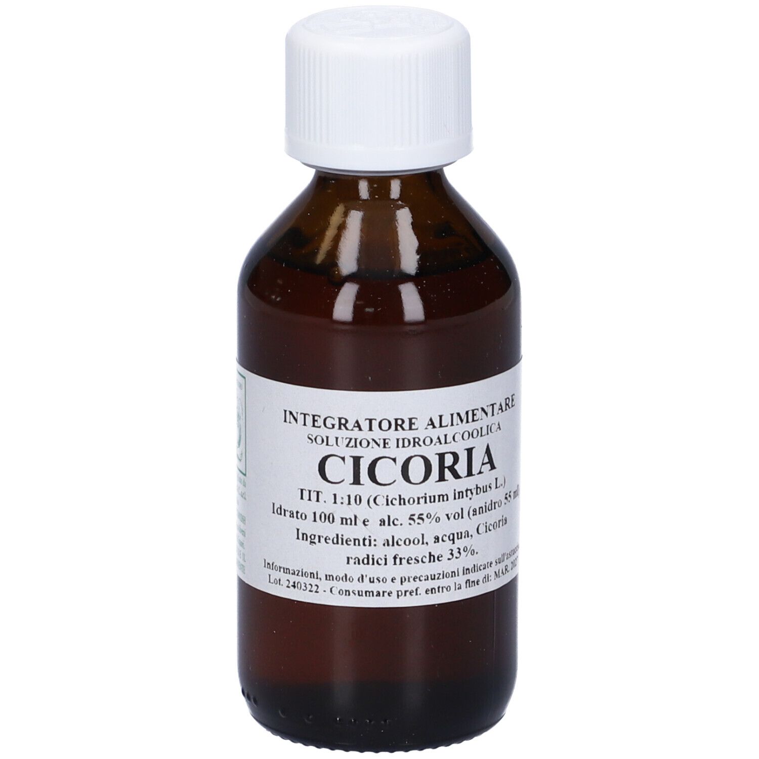 Flacone di vetro marrone con tappo bianco. Scritte sull'etichetta. Nome del prodotto: Cicoria.