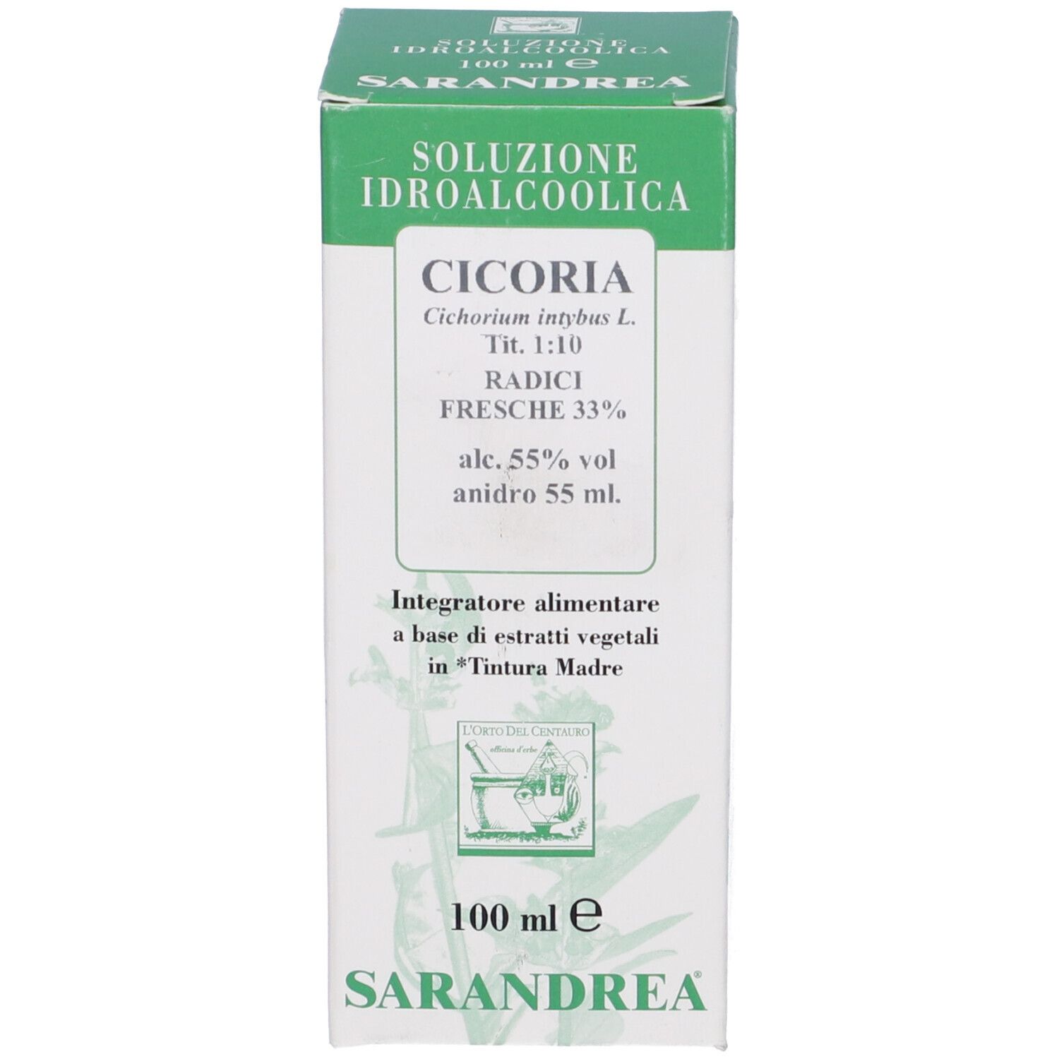 Scatola con scritte. Nome del prodotto: Cicoria. Colori verde e bianco. 100 ml.