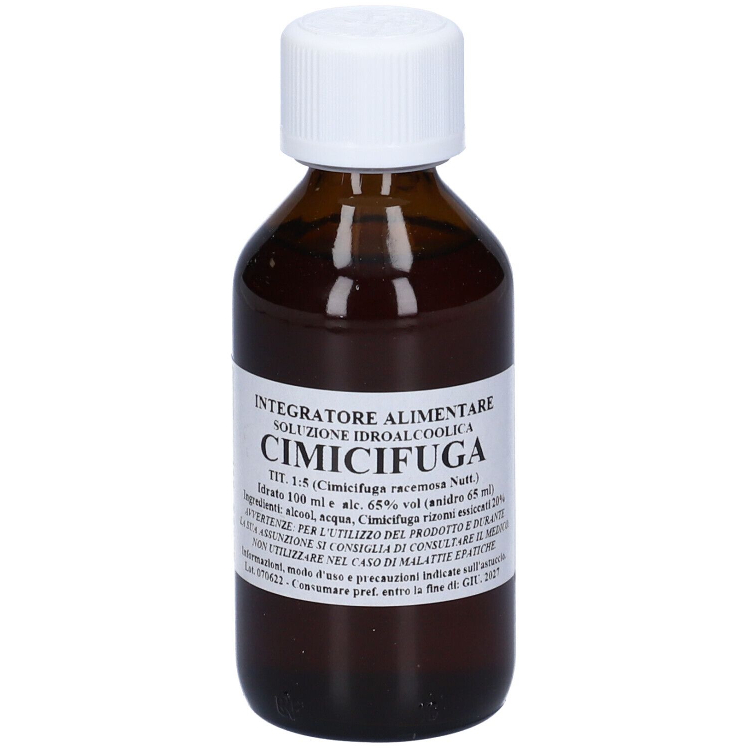 Flacone di vetro marrone con tappo bianco ed etichetta. L'etichetta riporta "CIMICIFUGA".