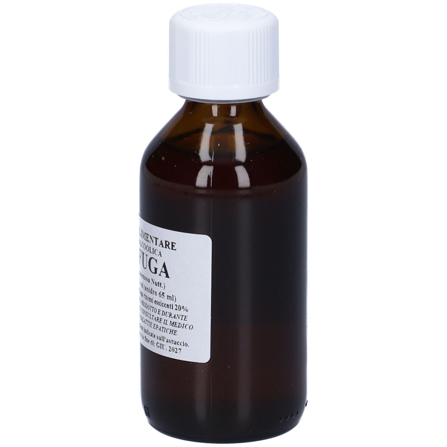 Flacone di vetro marrone con tappo bianco ed etichetta. L'etichetta riporta "CIMICIFUGA".