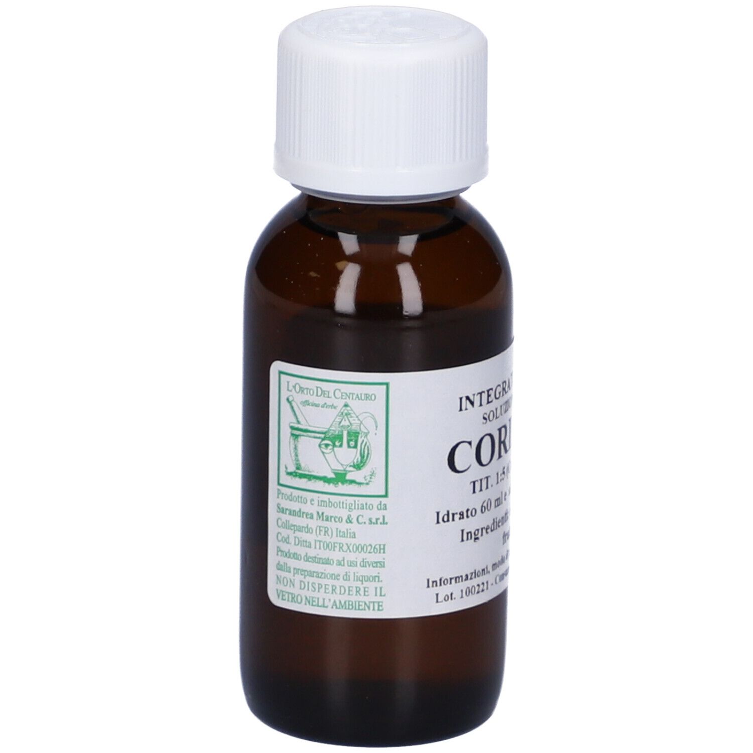 Flacone di vetro marrone con tappo bianco. Scritta: Coriandolo, 60 ml, L'Orto De'Contini.