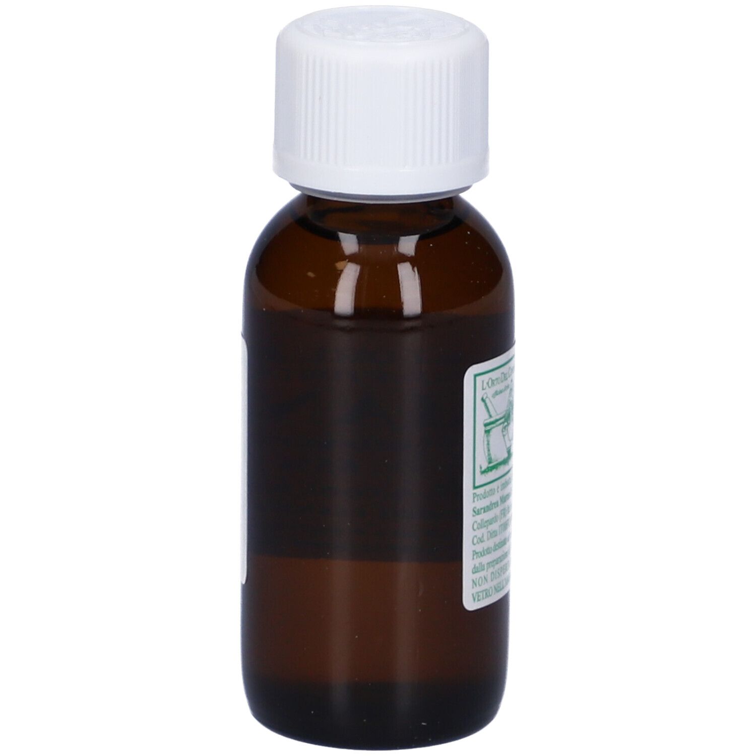 Flacone di vetro marrone con tappo bianco. Scritta: Coriandolo, 60 ml, L'Orto De'Contini.