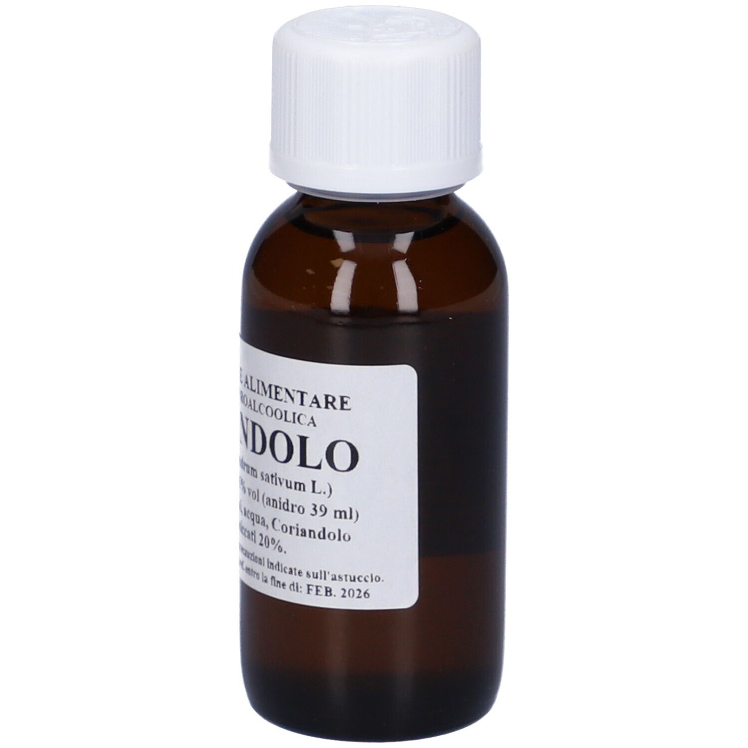 Flacone di vetro marrone con tappo bianco. Scritta: Coriandolo, 60 ml, L'Orto De'Contini.
