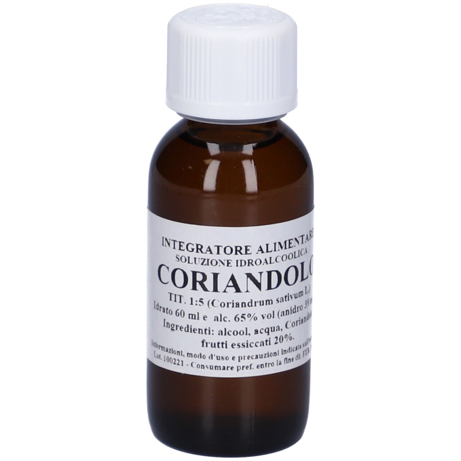 Flacone di vetro marrone con tappo bianco. Scritta: Coriandolo, 60 ml, L'Orto De'Contini.