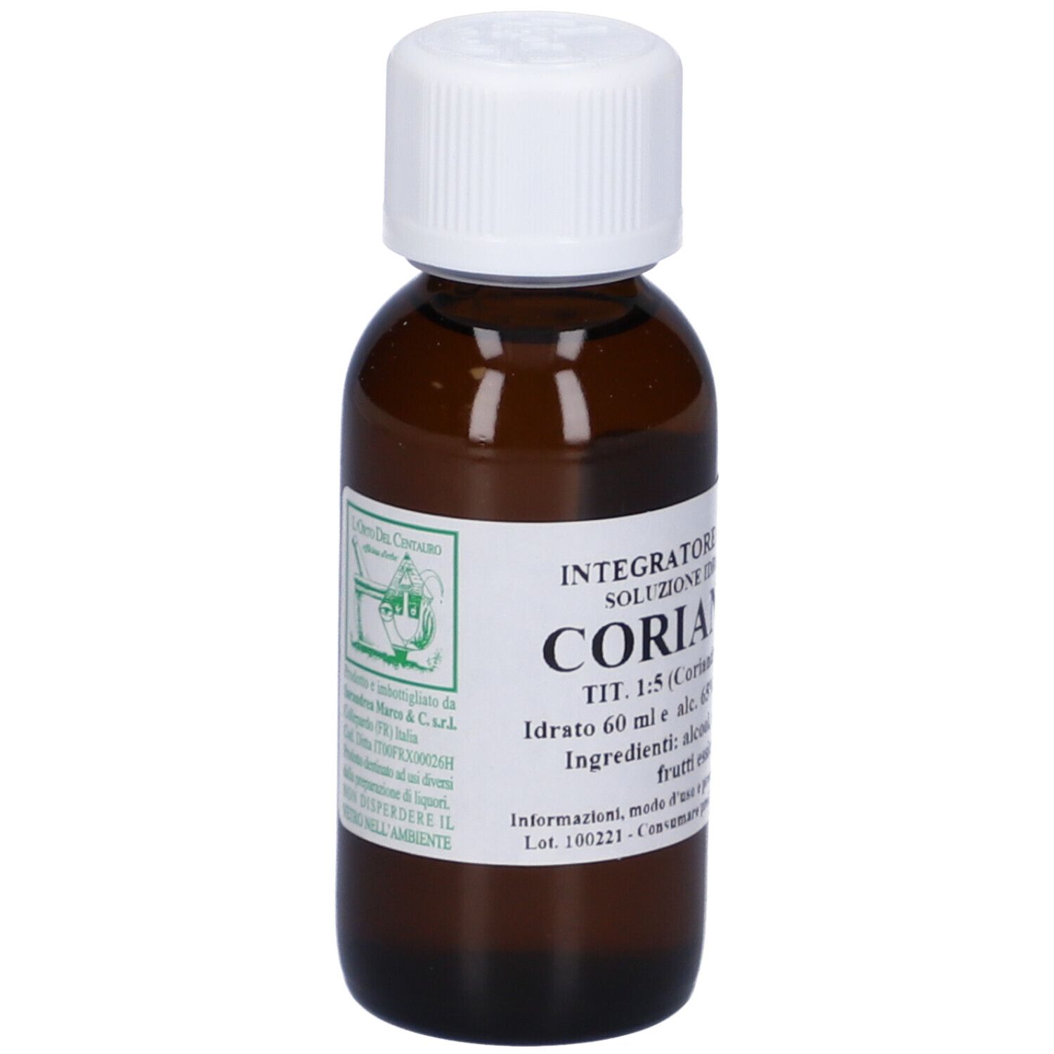 Flacone di vetro marrone con tappo bianco. Scritta: Coriandolo, 60 ml, L'Orto De'Contini.