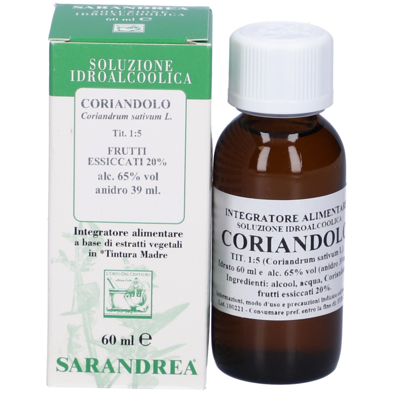 Flacone di vetro marrone e scatola. Scritta: Coriandolo, 60 ml, Sarandrea.