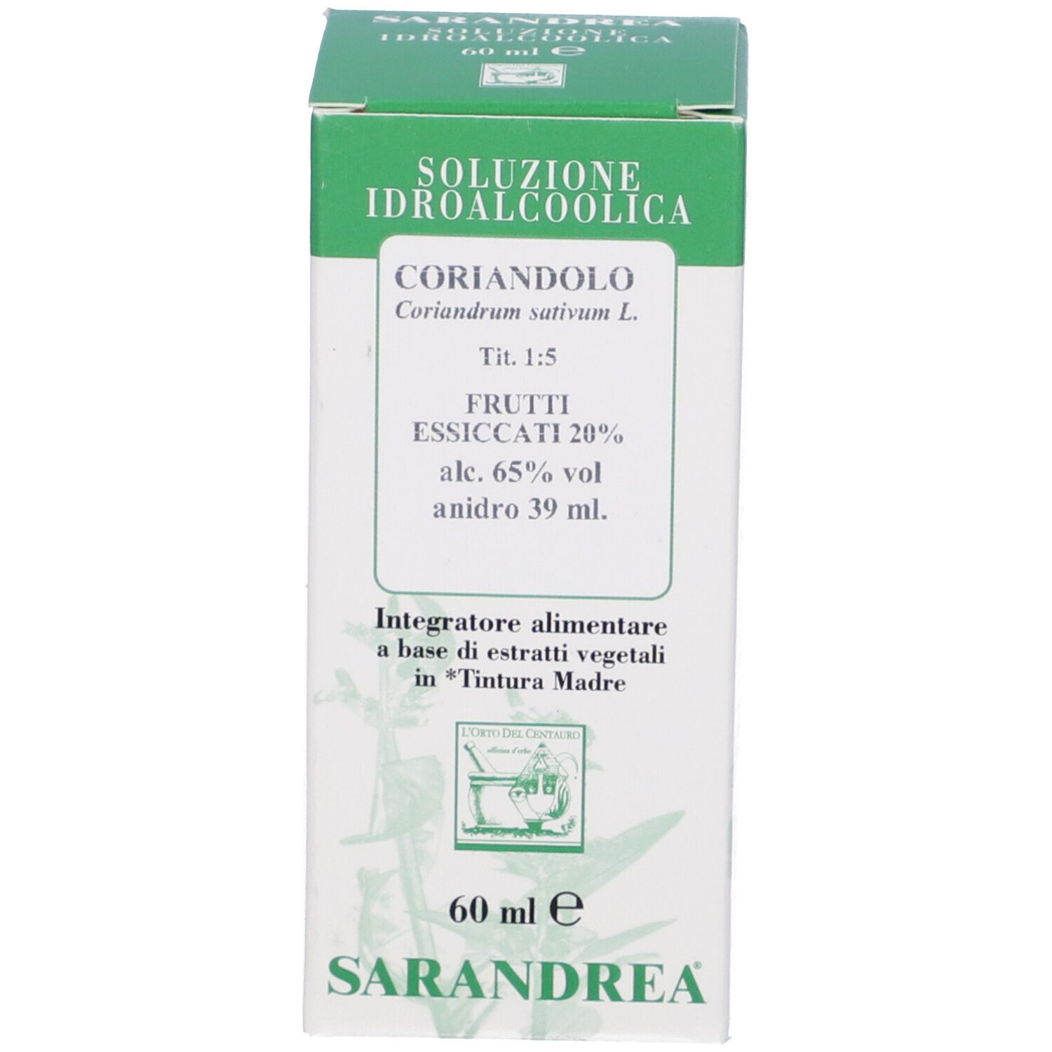 Confezione in cartone verde. Scritta: Coriandolo, 60 ml, Sarandrea.
