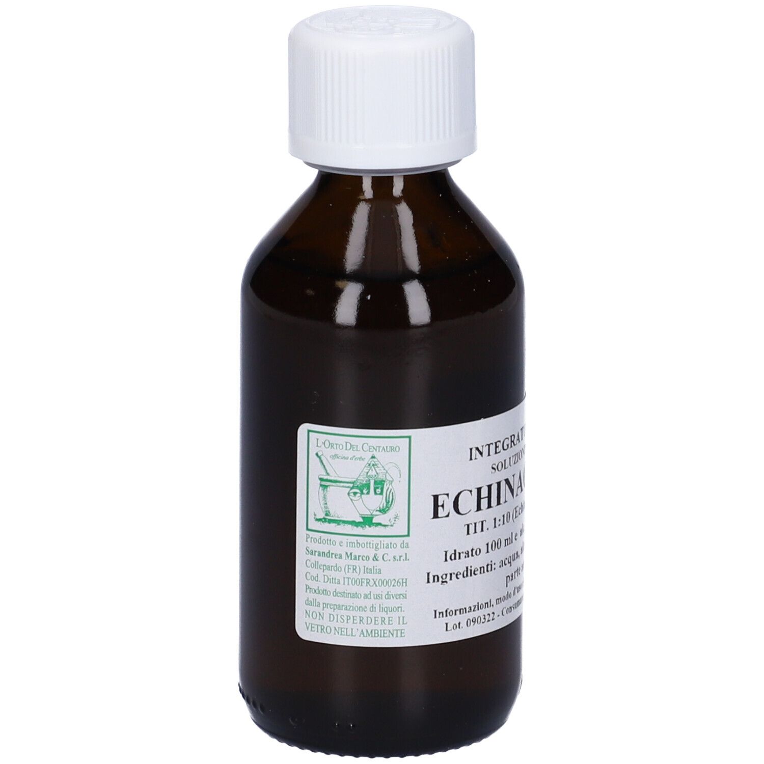 Flacone di vetro marrone con tappo bianco ed etichetta. L'etichetta indica 'Echinacea'.