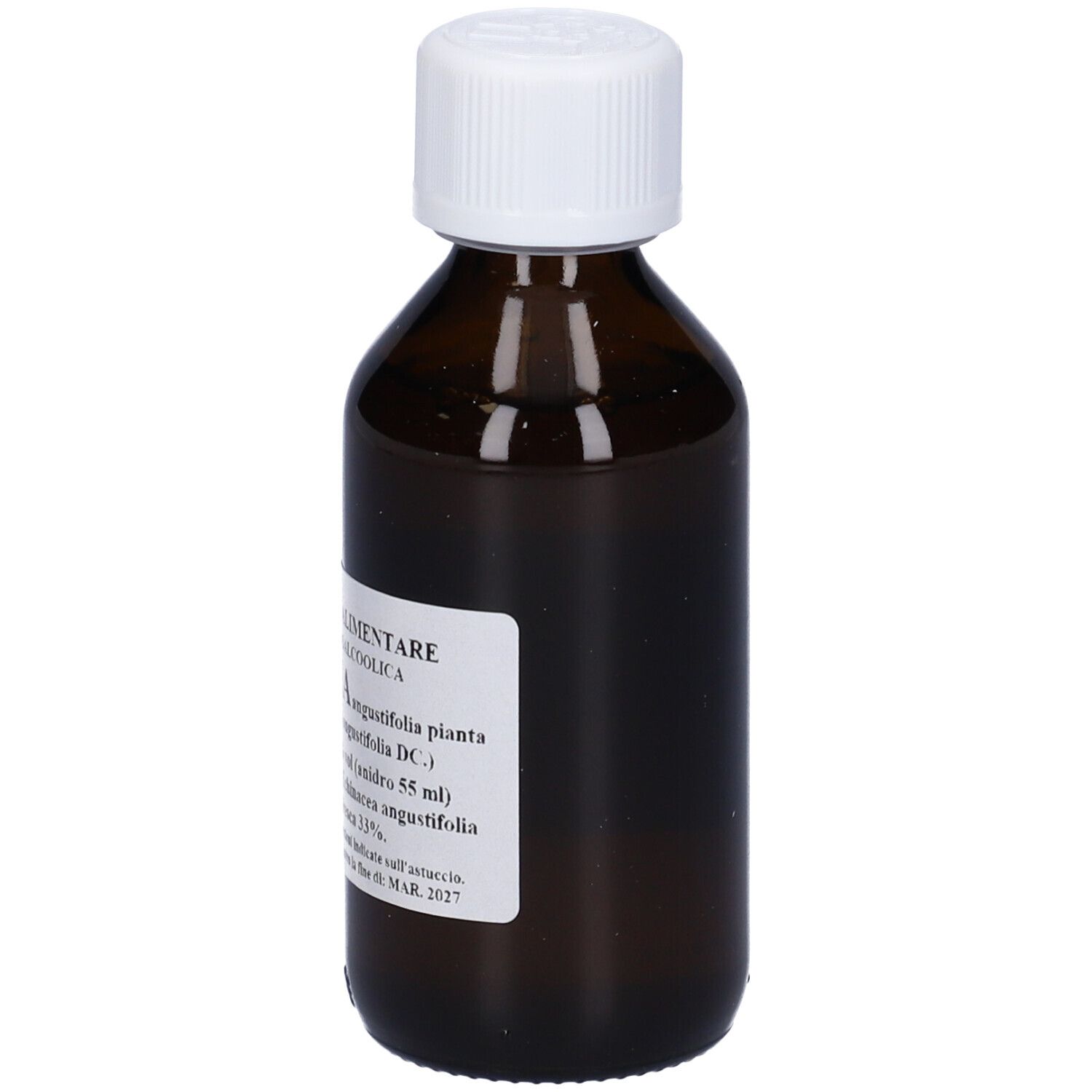 Flacone di vetro marrone con tappo bianco ed etichetta. L'etichetta indica 'Echinacea'.