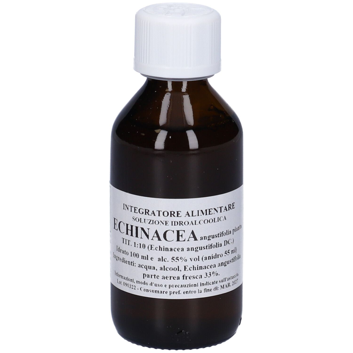 Flacone di vetro marrone con tappo bianco ed etichetta. L'etichetta indica 'Echinacea'.