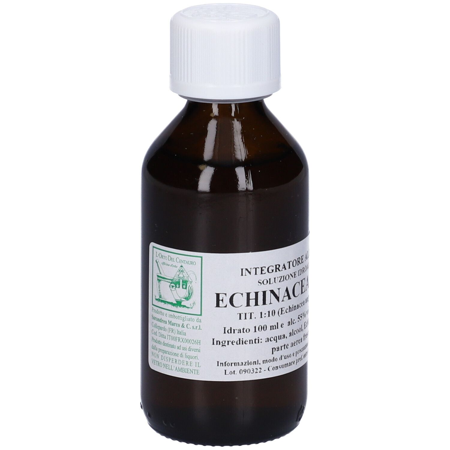 Flacone di vetro marrone con tappo bianco ed etichetta. L'etichetta indica 'Echinacea'.