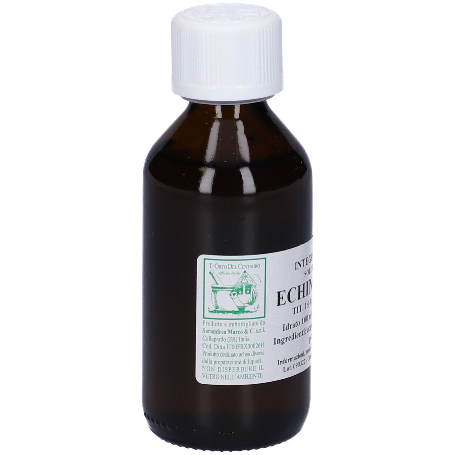Flacone di vetro marrone con tappo bianco ed etichetta. L'etichetta indica 'Echinacea'.