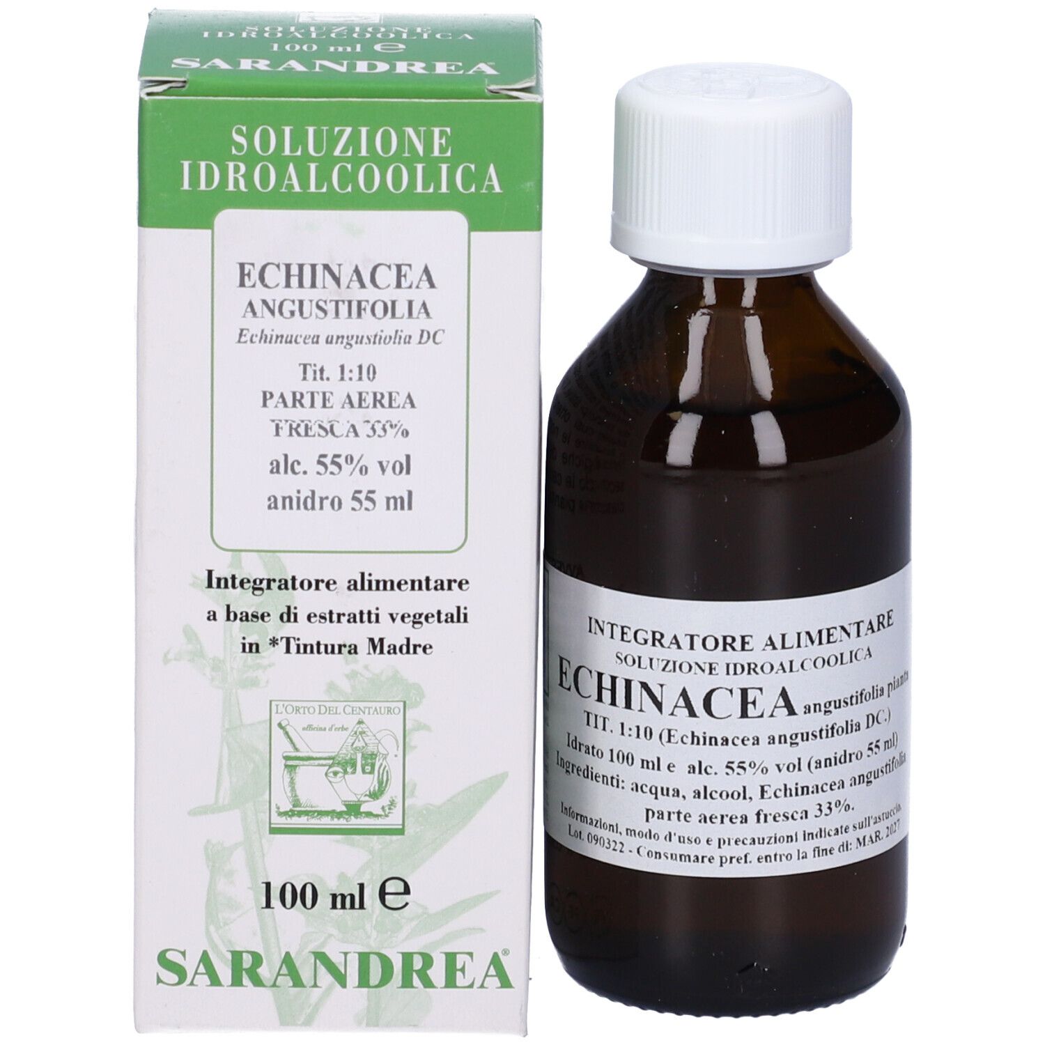 Flacone di vetro marrone con tappo bianco ed etichetta, accanto a una scatola verde e bianca. La scatola indica 'Echinacea'.