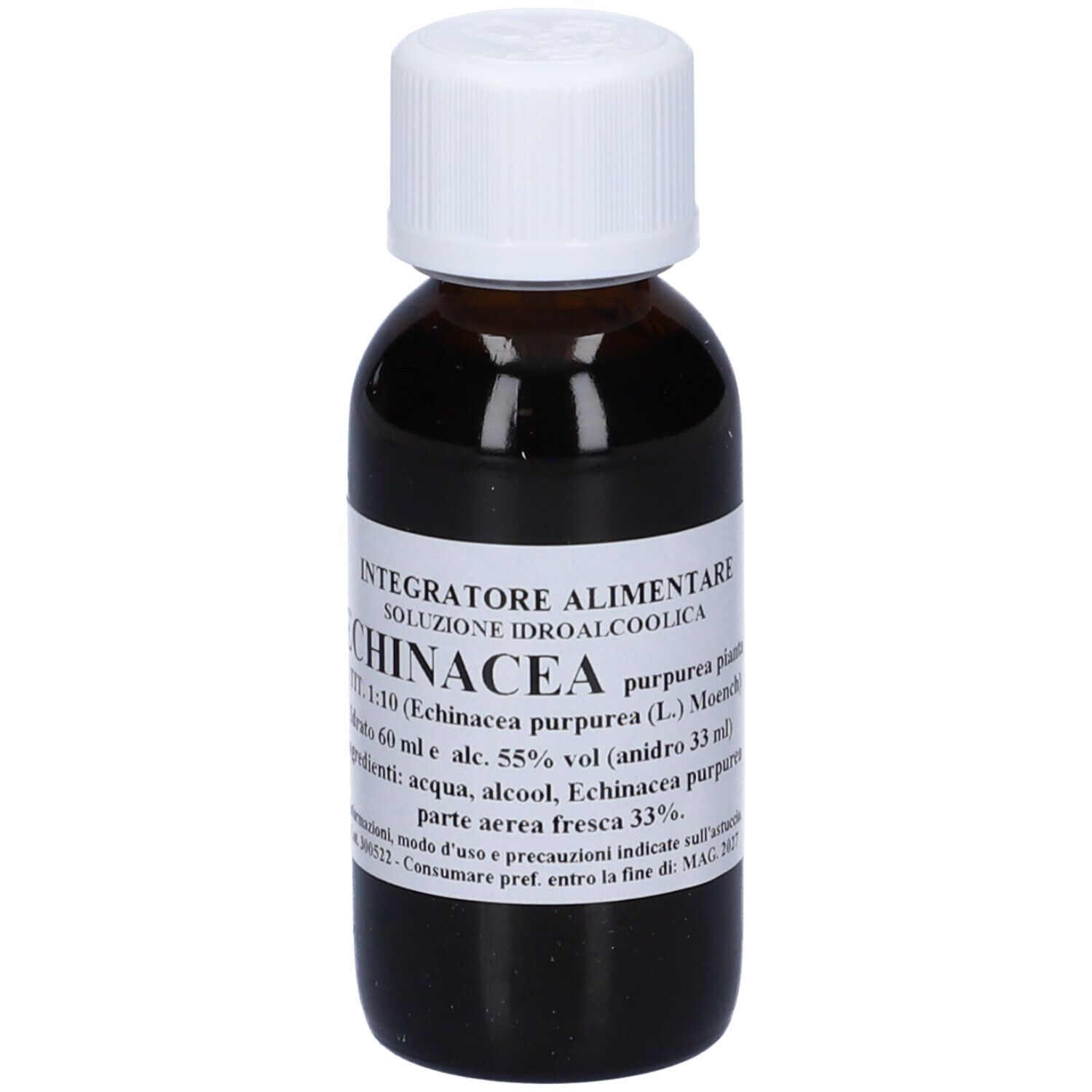 Flacone di vetro marrone con tappo bianco. L'etichetta riporta 'Echinacea' e altre informazioni.