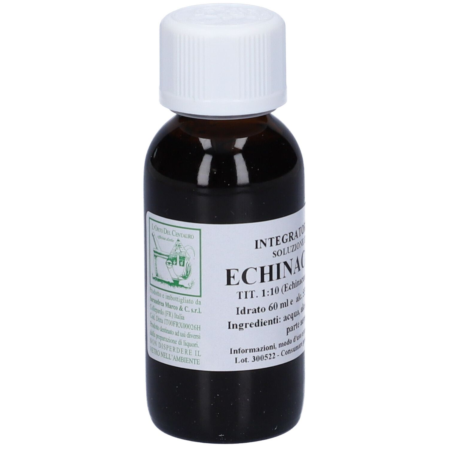 Flacone di vetro marrone con tappo bianco ed etichetta. L'etichetta riporta 'Echinacea' e altre informazioni.