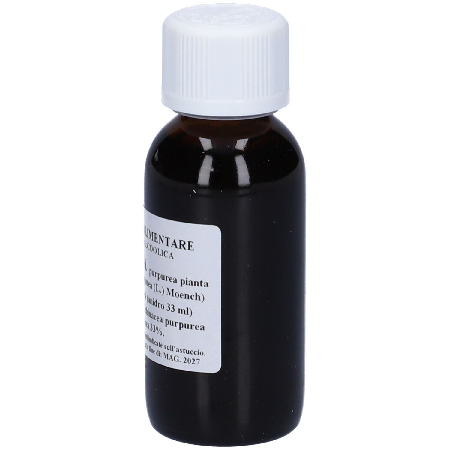 Flacone di vetro marrone con tappo bianco ed etichetta. L'etichetta riporta 'Echinacea' e altre informazioni.