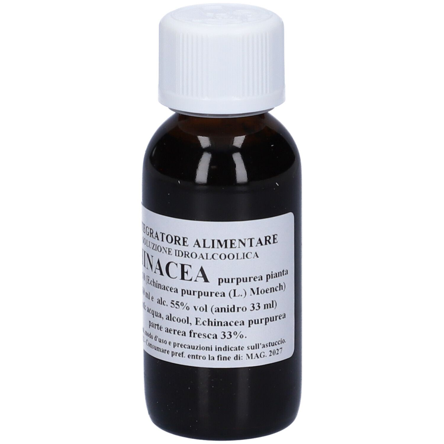 Flacone di vetro marrone con tappo bianco ed etichetta. L'etichetta riporta 'Echinacea' e altre informazioni.