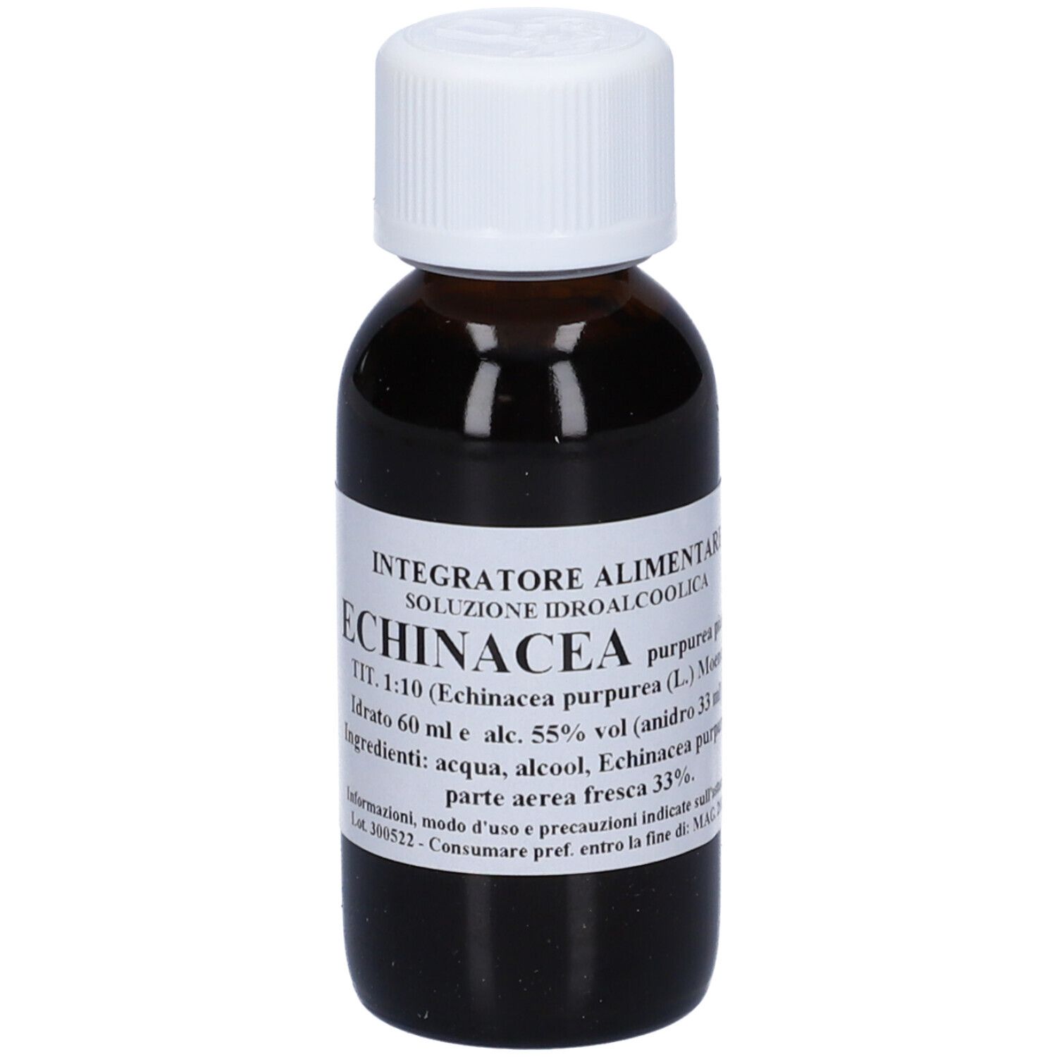 Flacone di vetro marrone con tappo bianco ed etichetta. L'etichetta riporta 'Echinacea' e altre informazioni.