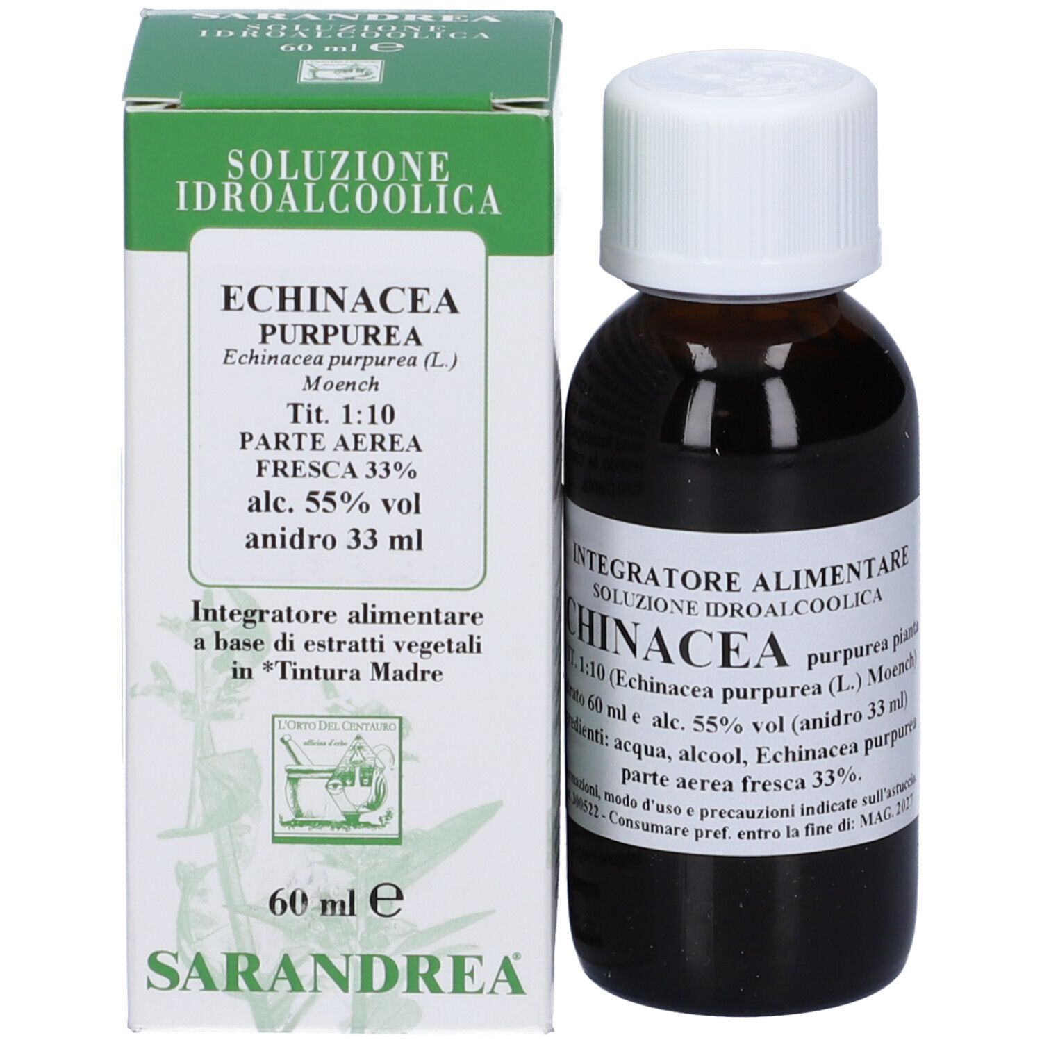 Flacone di vetro marrone con tappo bianco ed etichetta, accanto a una scatola verde. La scatola indica 'Echinacea'.