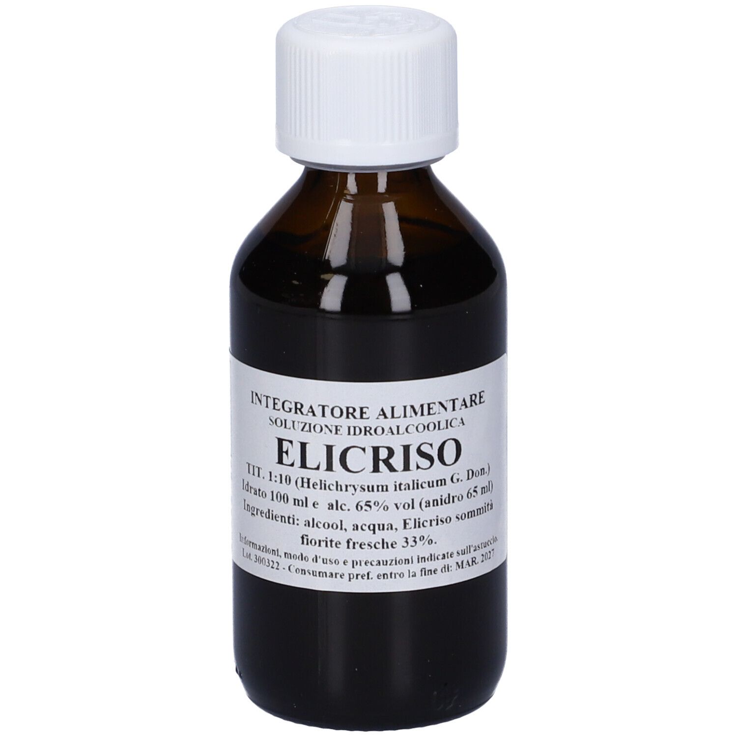 Flacone di vetro marrone con tappo bianco ed etichetta. Sull'etichetta è presente il nome Elicriso e altre informazioni.