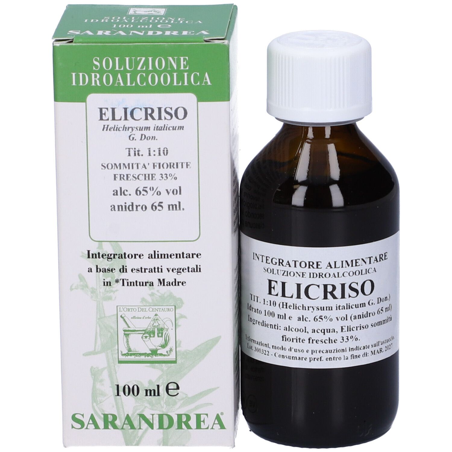 Flacone di vetro marrone con tappo bianco ed etichetta, accanto a una scatola rettangolare. Testo sul flacone.