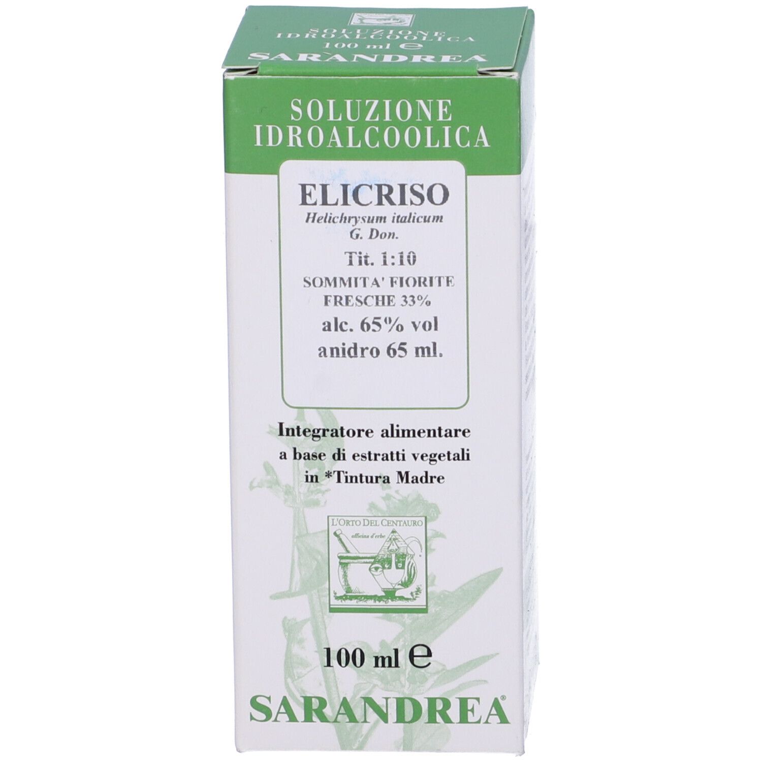 Scatola rettangolare con design verde e bianco. Testo sulla scatola, incluso il nome Elicriso.