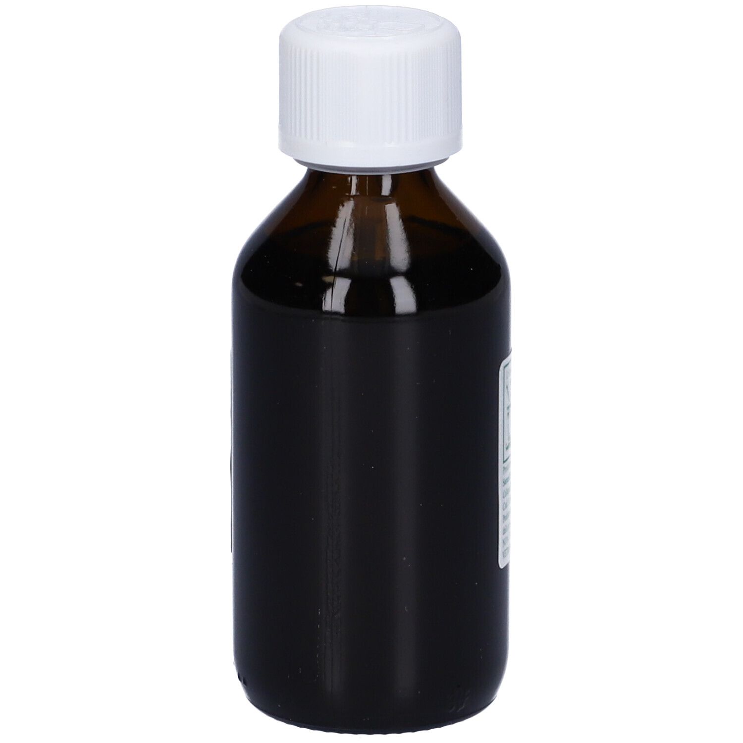 Flacone di vetro marrone con tappo bianco ed etichetta con informazioni sul prodotto. Liquido visibile.