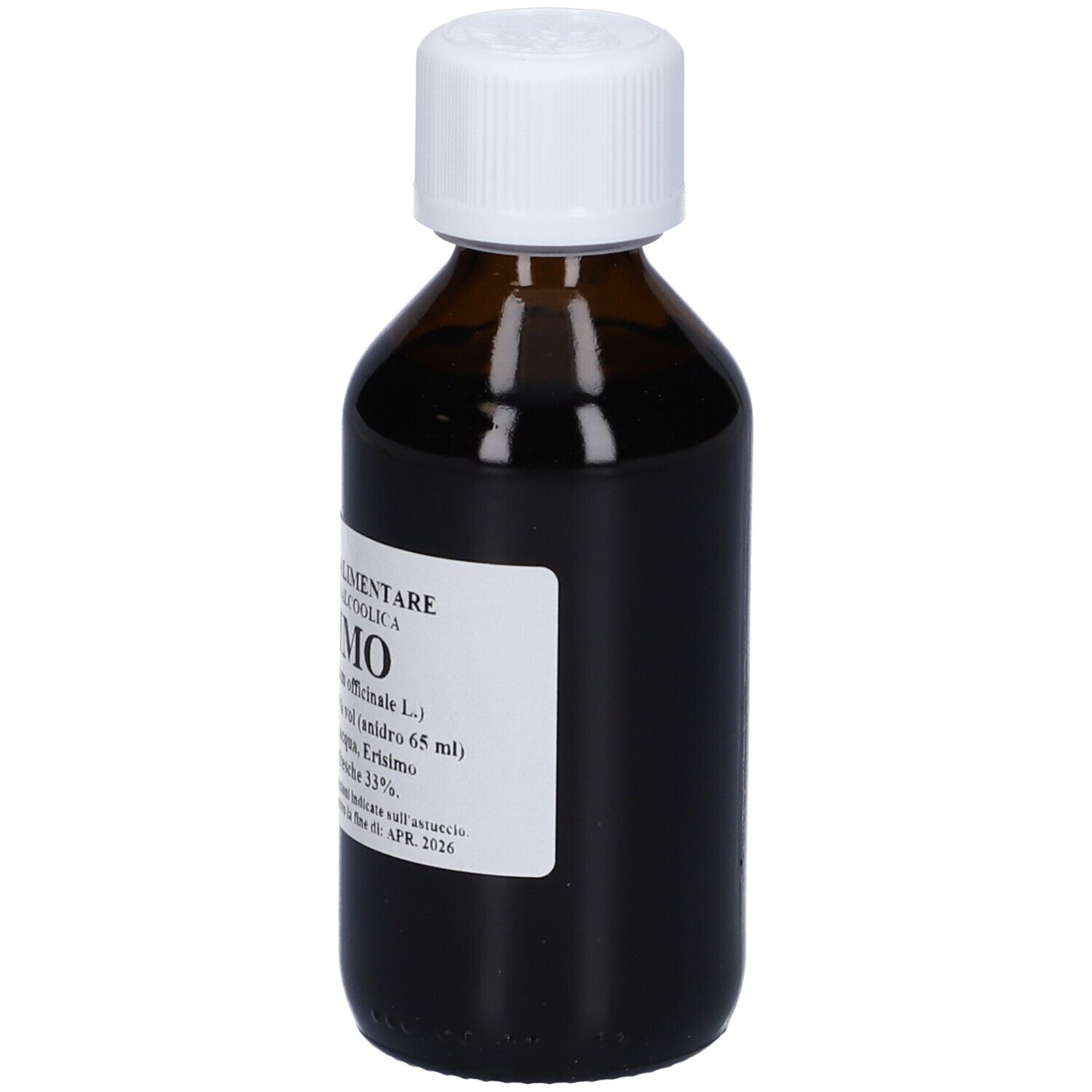 Flacone di vetro marrone con tappo bianco ed etichetta con informazioni sul prodotto. Liquido visibile.