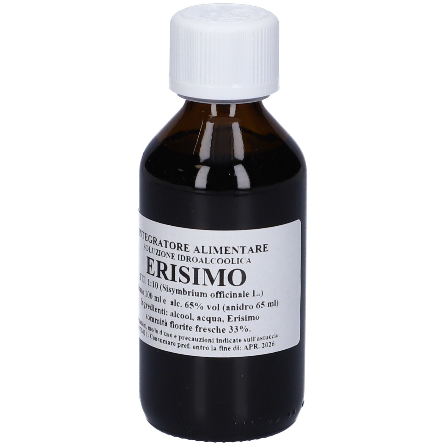 Flacone di vetro marrone con tappo bianco ed etichetta con informazioni sul prodotto. Liquido visibile.