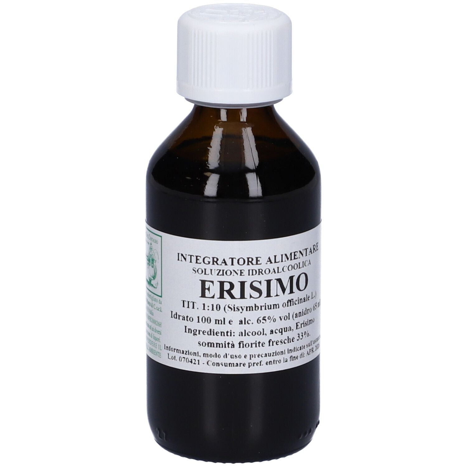 Flacone di vetro marrone con tappo bianco ed etichetta con informazioni sul prodotto. Liquido visibile.