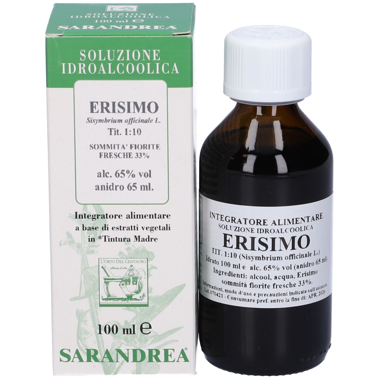 Flacone di vetro marrone con tappo bianco ed etichetta, accanto a una scatola bianca e verde con informazioni sul prodotto.