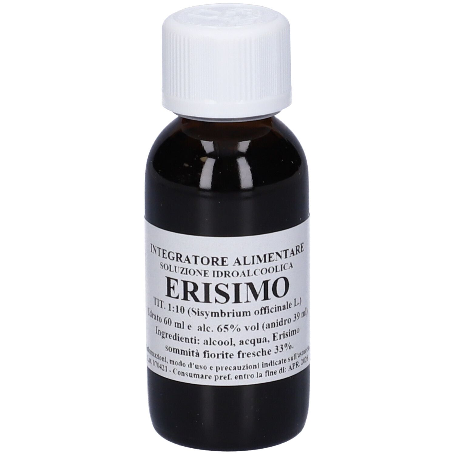 Flacone di vetro marrone con tappo bianco. L'etichetta indica "ERISIMO" e altre informazioni.