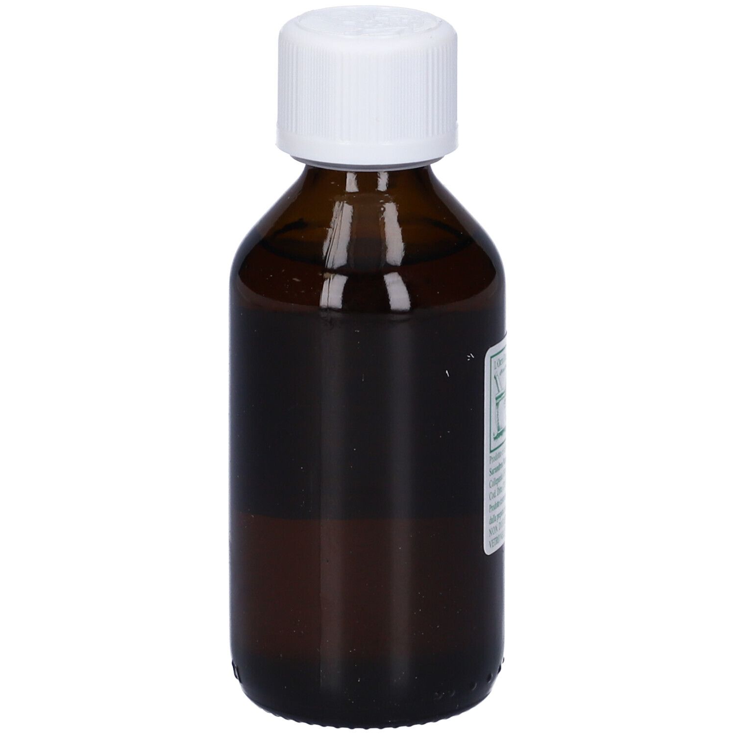 Flacone di vetro marrone con tappo bianco. Testo ed un logo verde sull'etichetta.