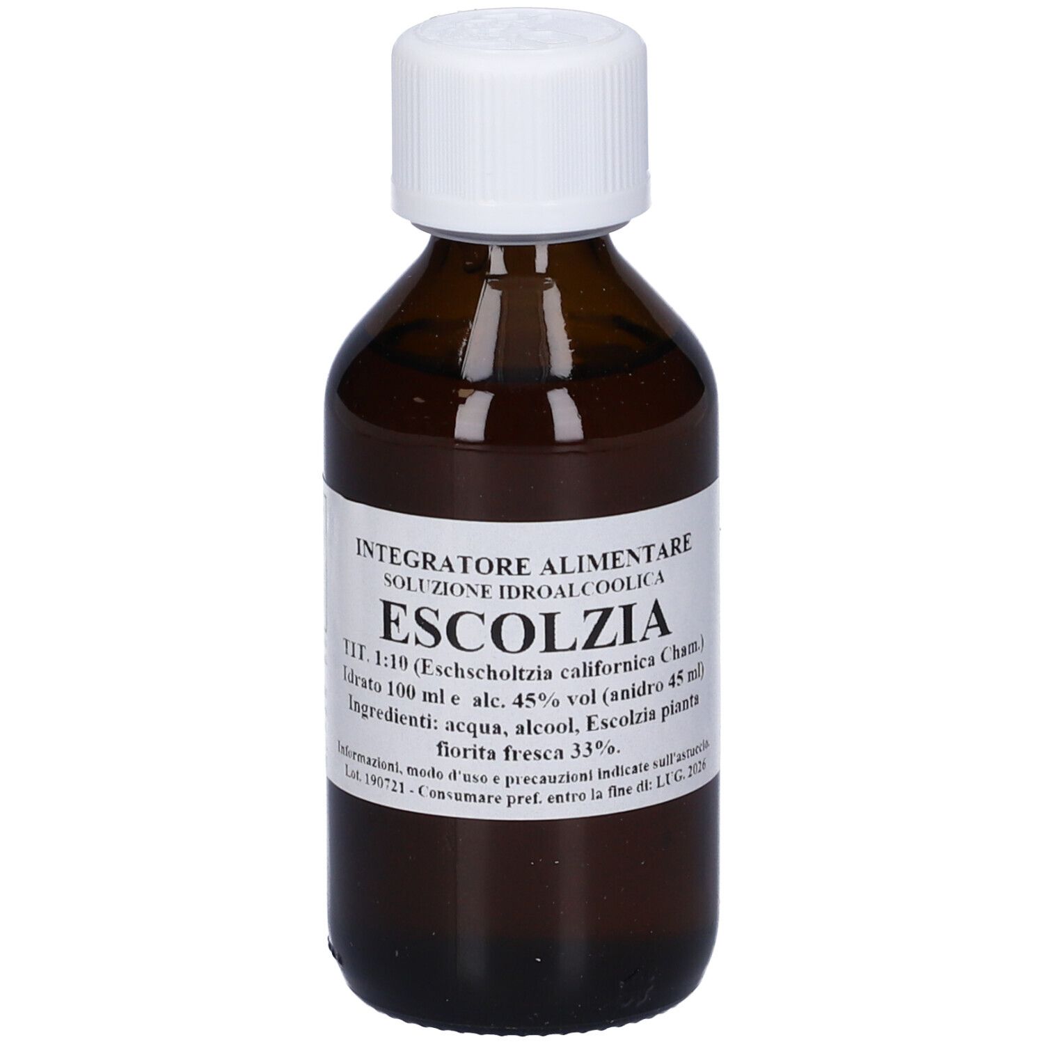 Flacone di vetro marrone con tappo bianco. Testo sull'etichetta.