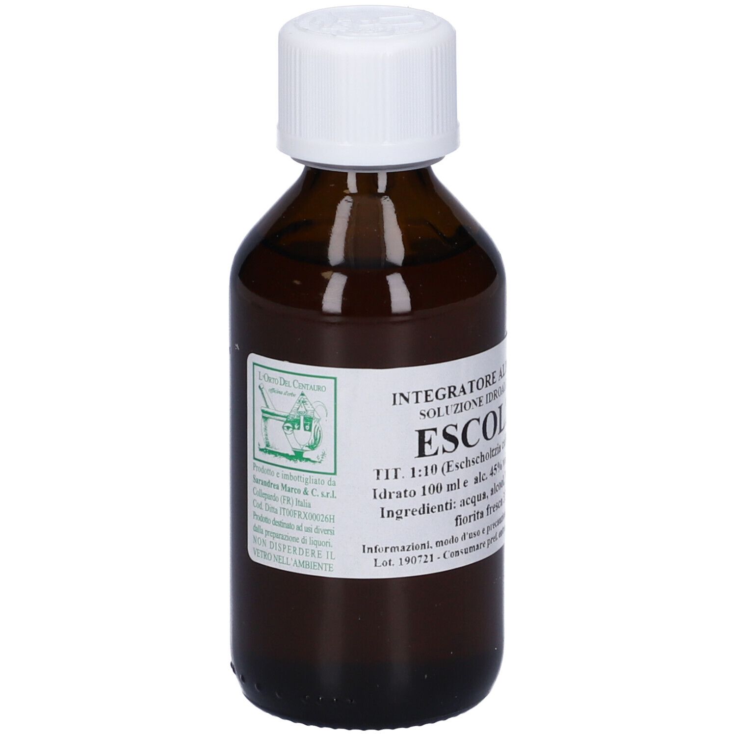 Flacone di vetro marrone con tappo bianco. Testo sull'etichetta.